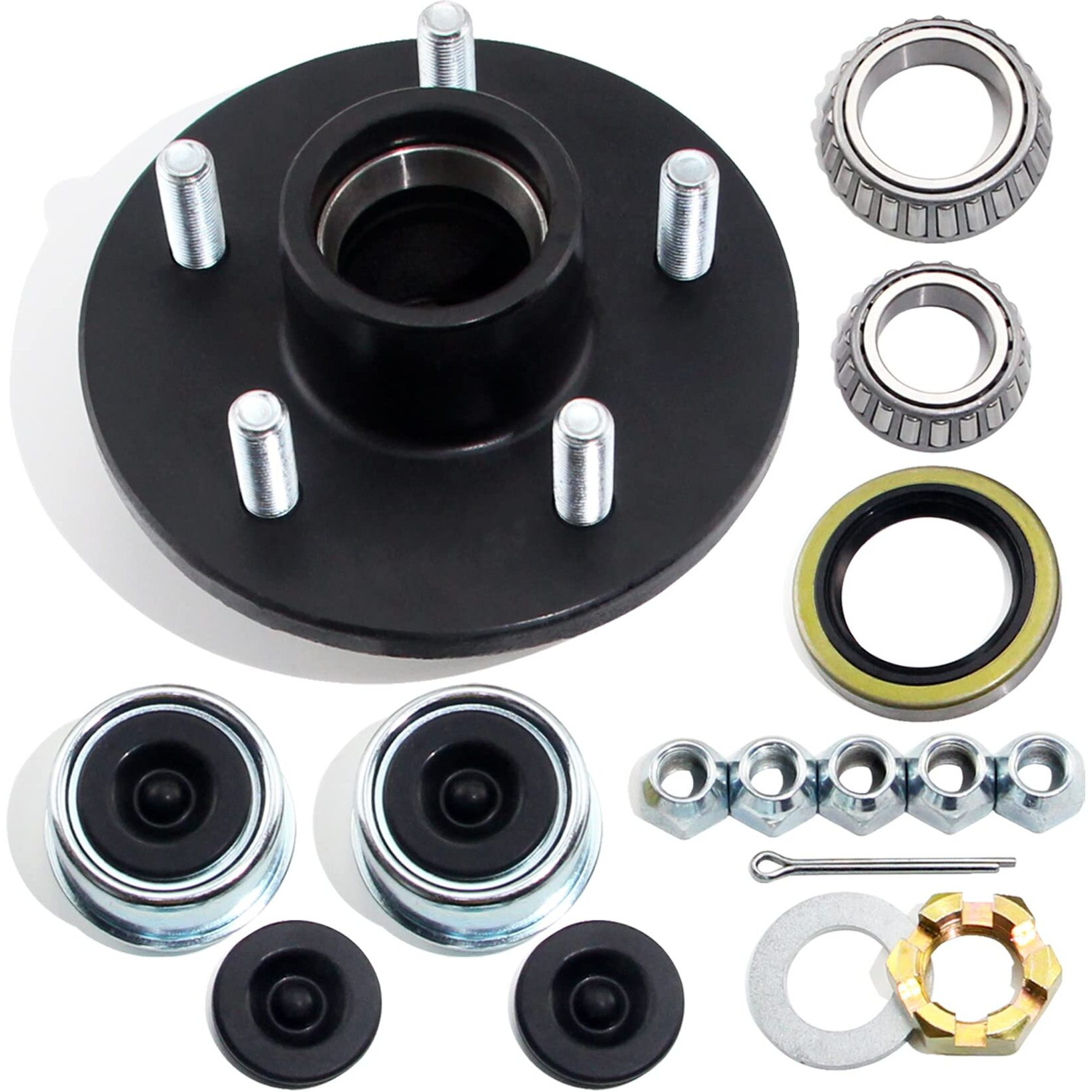 Grepspud 1 Set Trailer Hub Kits 5 On 4.5 For 3500 Lbs 1-1/16 ' ' To 1-3/8 ' ' Tapered Axle  Idler Hub With Extra Dust Caps & Rubber Plugs  5X4.5 Trailer Replacement Hub 5 Lug Bolt Trailer Wheel Hub Kit