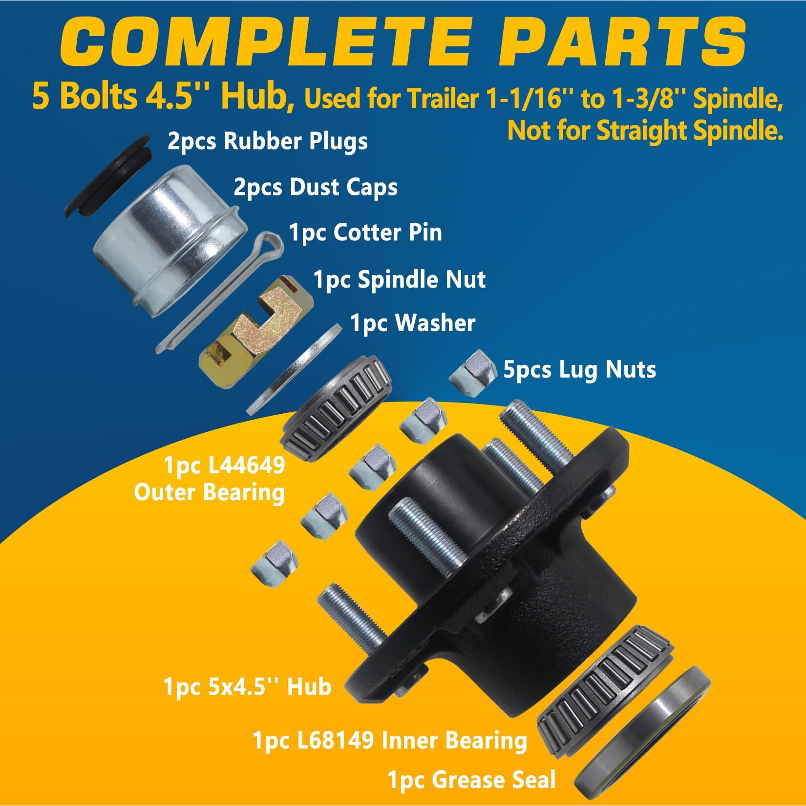 Grepspud 1 Set Trailer Hub Kits 5 On 4.5 For 3500 Lbs 1-1/16 ' ' To 1-3/8 ' ' Tapered Axle  Idler Hub With Extra Dust Caps & Rubber Plugs  5X4.5 Trailer Replacement Hub 5 Lug Bolt Trailer Wheel Hub Kit