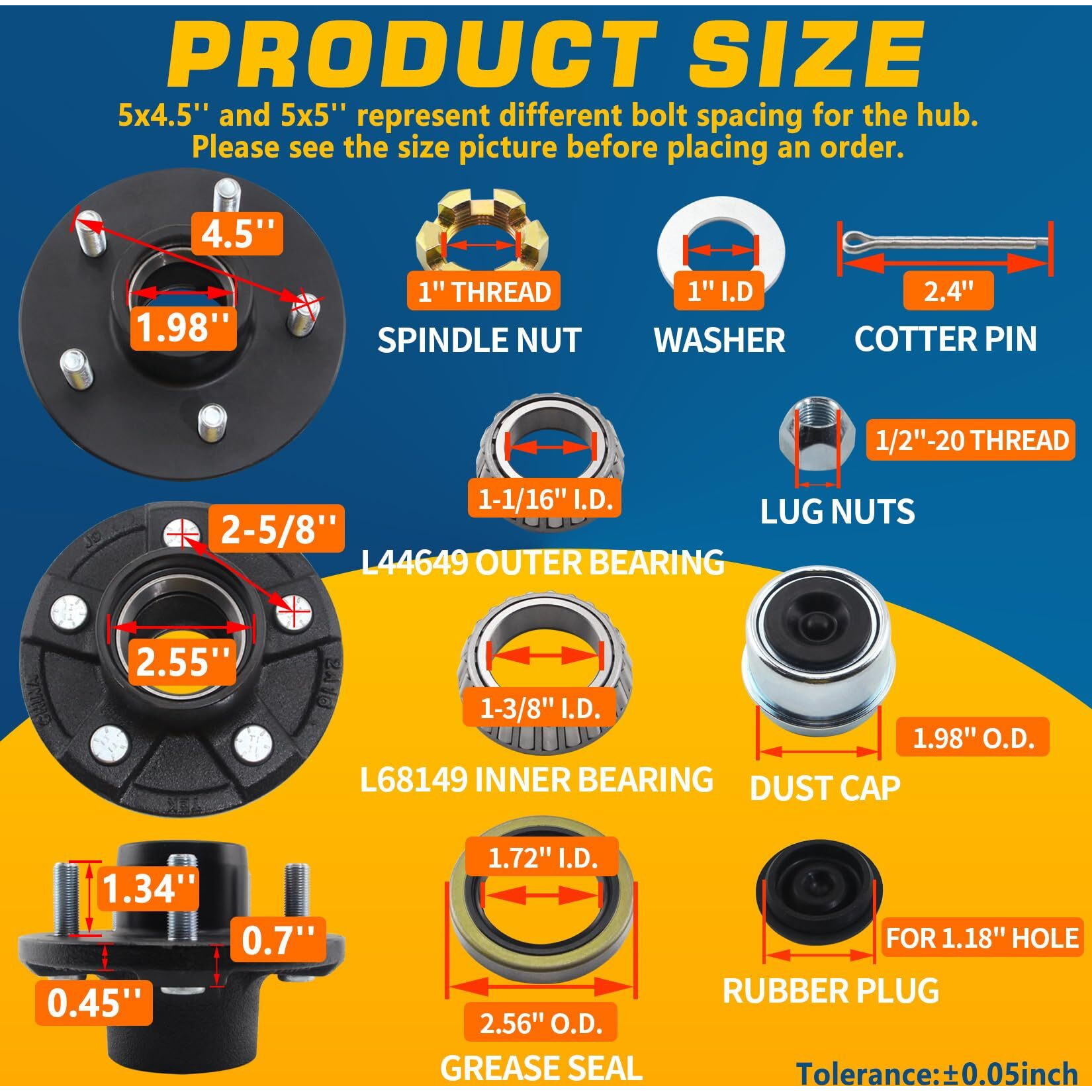 Grepspud 1 Set Trailer Hub Kits 5 On 4.5 For 3500 Lbs 1-1/16 ' ' To 1-3/8 ' ' Tapered Axle  Idler Hub With Extra Dust Caps & Rubber Plugs  5X4.5 Trailer Replacement Hub 5 Lug Bolt Trailer Wheel Hub Kit