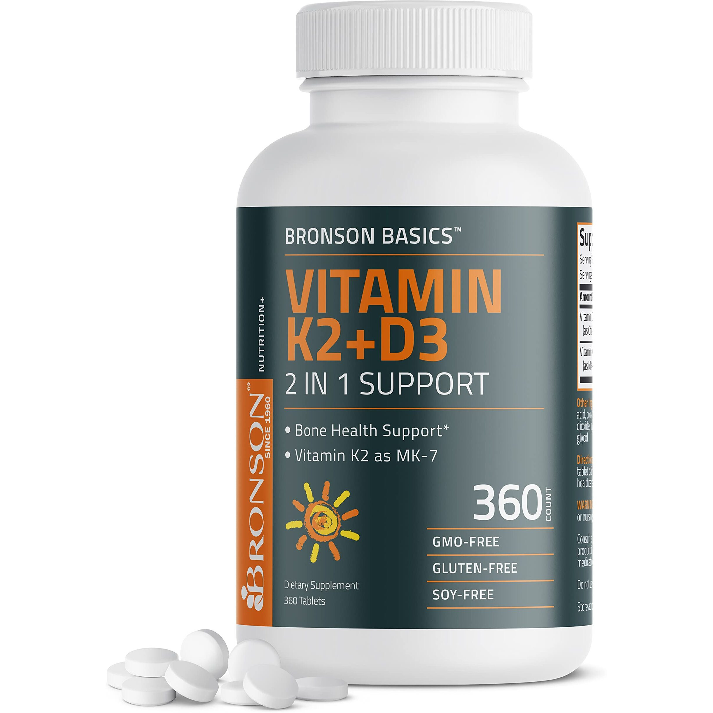 Bronson Vitamin K2 D3 (Mk7) Supplement Non-Gmo Formula 5000Iu (125 Mcg) Vitamin D3  90 Mcg Vitamin K2 Mk-7 Easy To Swallow Vitamin D  K Complex  360 Tablets