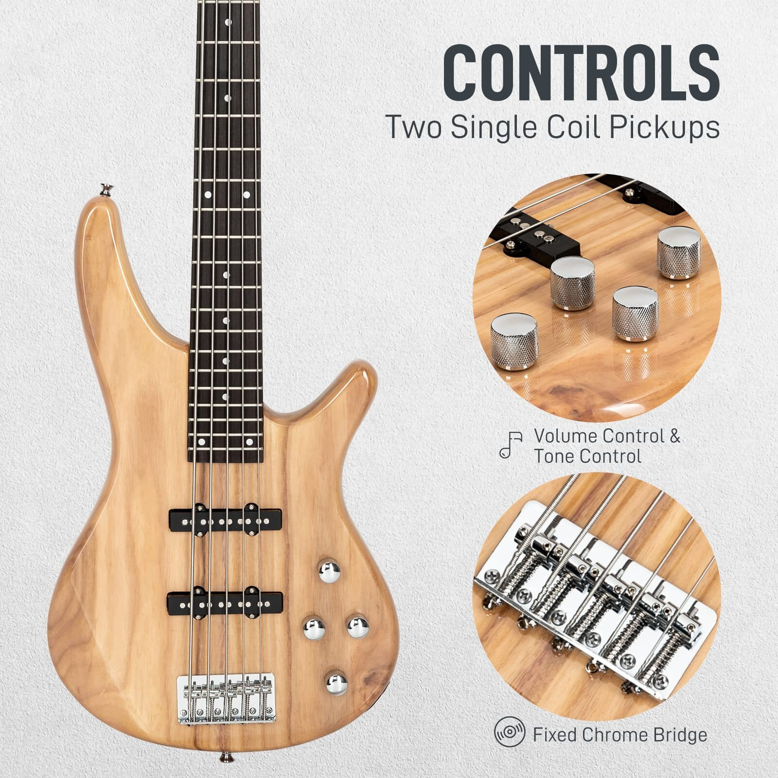 Ktaxon 5 String Electric Bass Guitar  Full Size Standard Right Handed Rosewood Fretboard Bass Kit With Gig Bag Strap Cable Wrench Tool (Burlywood)