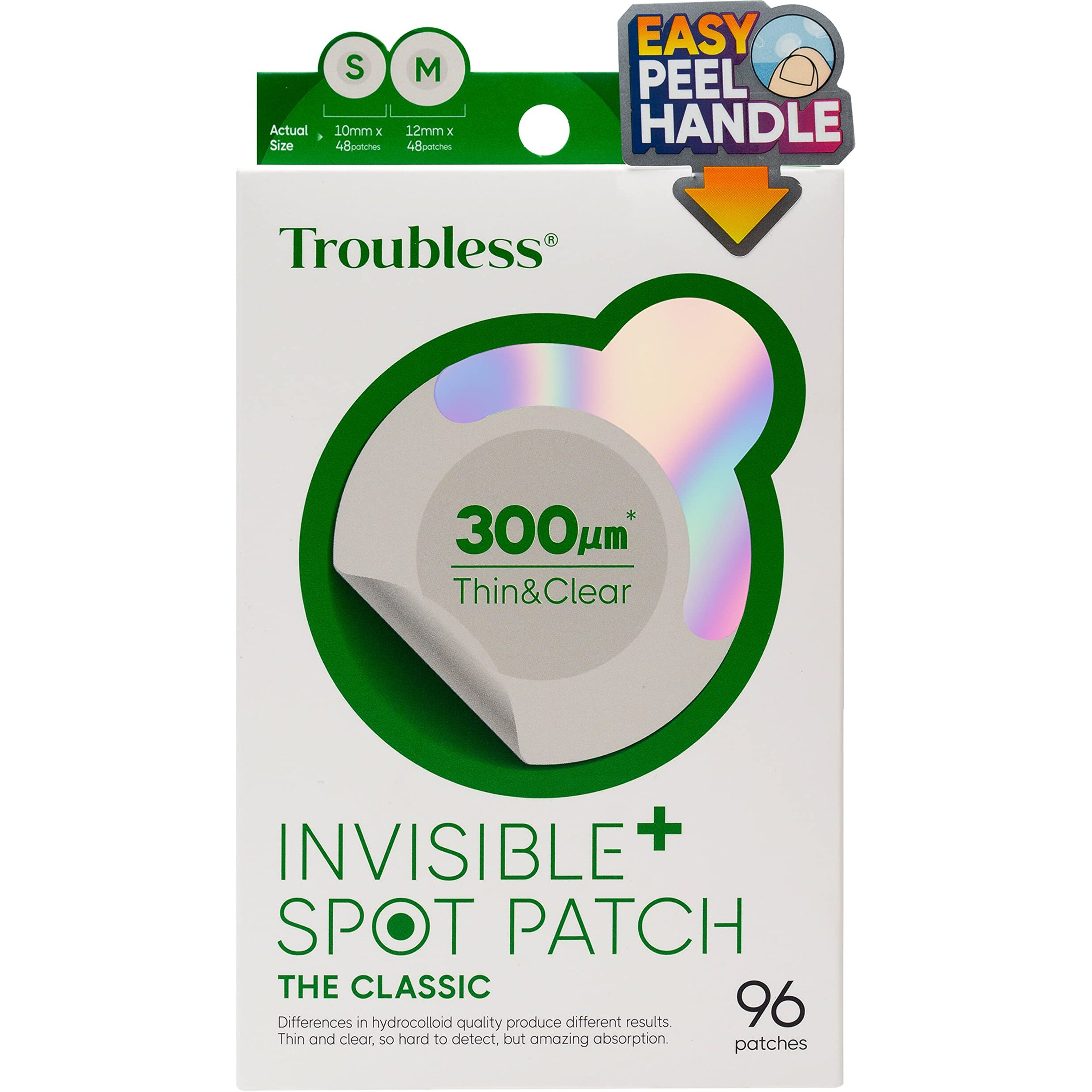 Troubless Invisible Pimple Spot Patch - Classic  Hydrocolloid Pimple Patches For Face  Ultra Thin Acne Patches With Easy Peel Handle  Zit Patch For Daytime  2 Sizes  96 Count (Pack Of 1)