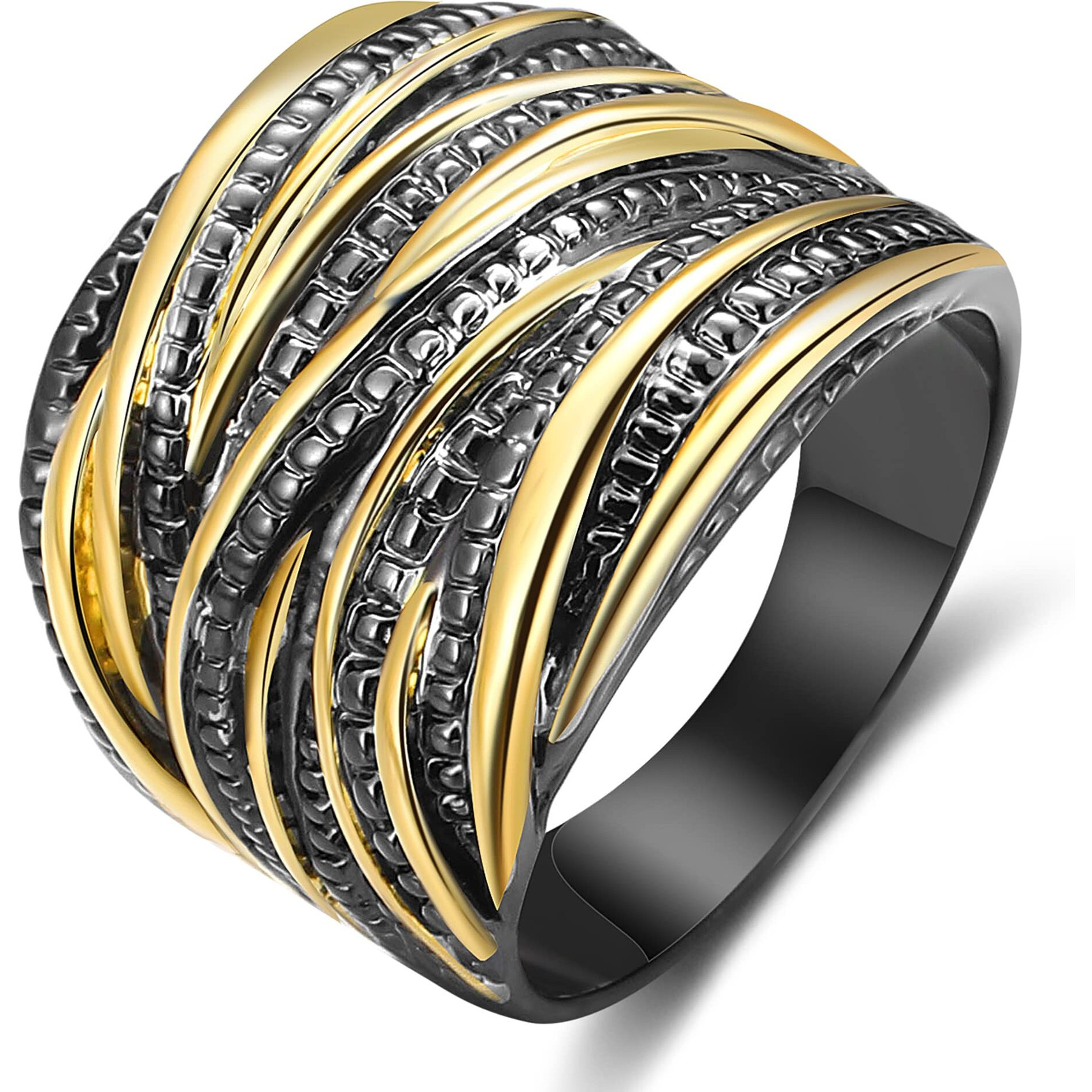 Mytys 2 Tone Intertwined Crossover Statement Ring Fashion Chunky Band Rings For Women Black Gold Silver Rose Gold Plated Wide Index Finger Rings Costume Jewelry (Gold And Black  7)