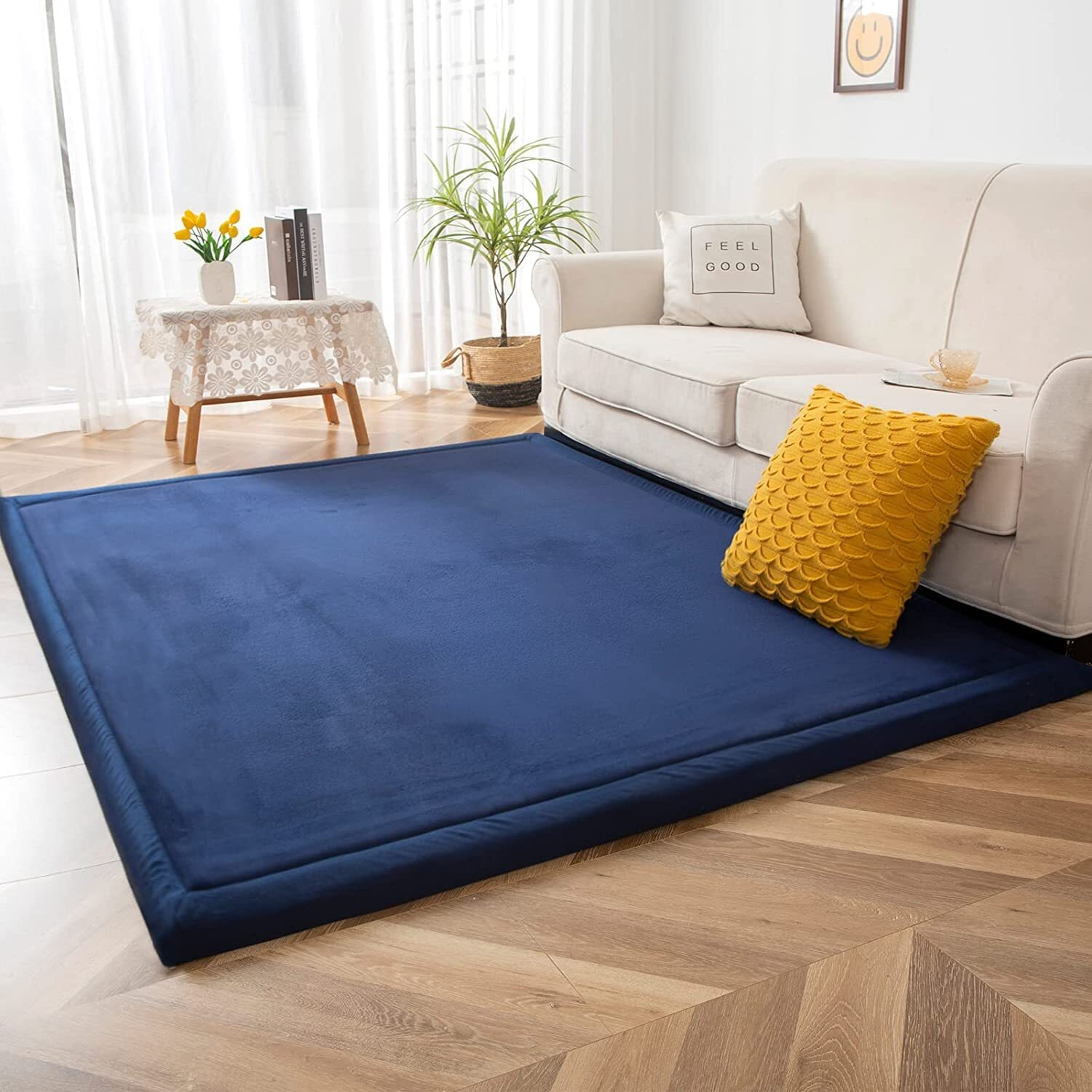 Maxyoyo Baby Play Mat  1.2 "" Thick Memory Foam Soft Padded Carpet With Non-Slip Backing  3X5 Ft Japanese Tatami Rug Living Room For Kids  Toddler  Children  Nusery(Navy)