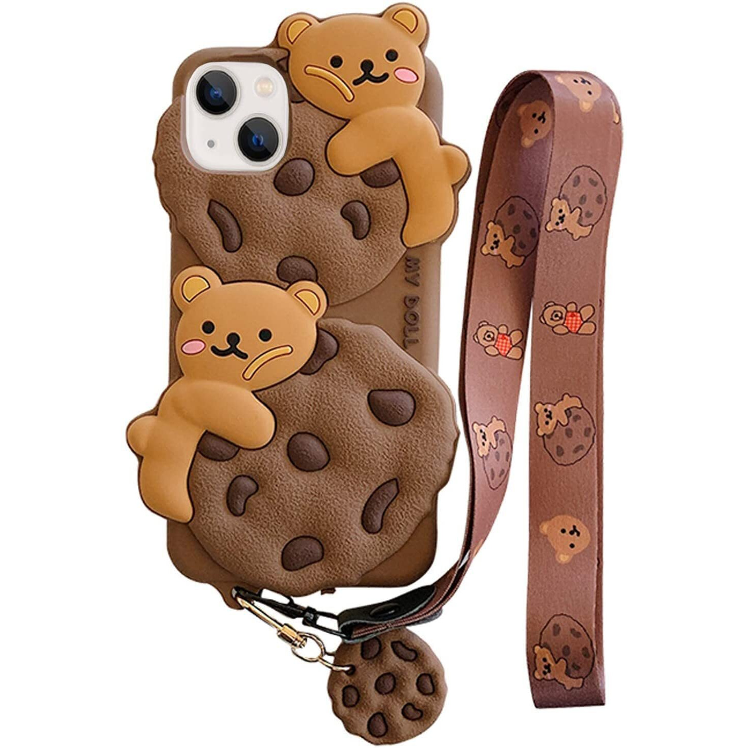 Yatchen For Iphone 13 Pro Case Cookie Bear Kawaii Phone Cases Cute Iphone 13 Pro Case With Strap Lanyard Keychain 3D Cartoon Bear Soft Silicone Protective Case Funny For Iphone 13 Pro Women Girls