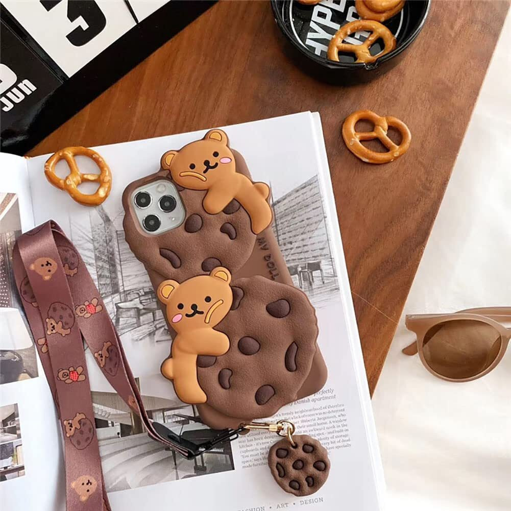 Yatchen For Iphone 13 Pro Case Cookie Bear Kawaii Phone Cases Cute Iphone 13 Pro Case With Strap Lanyard Keychain 3D Cartoon Bear Soft Silicone Protective Case Funny For Iphone 13 Pro Women Girls
