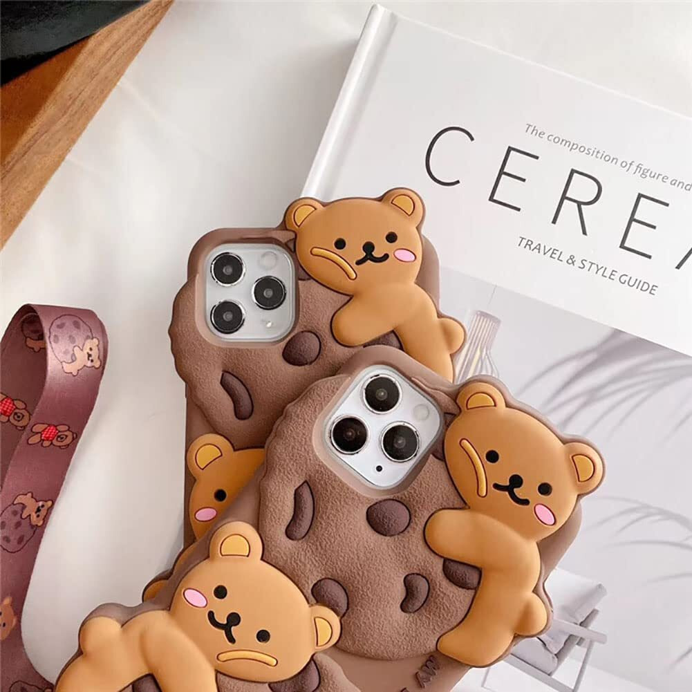 Yatchen For Iphone 13 Pro Case Cookie Bear Kawaii Phone Cases Cute Iphone 13 Pro Case With Strap Lanyard Keychain 3D Cartoon Bear Soft Silicone Protective Case Funny For Iphone 13 Pro Women Girls