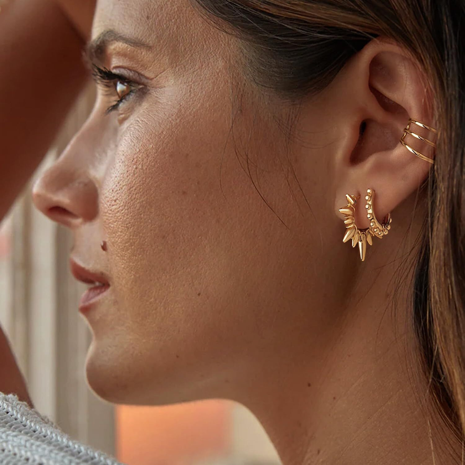 Myears Women Sun Earrings Gold Huggie Bead Hoop 14K Gold Plated Small Simple Hypoallergenic Everyday Jewelry