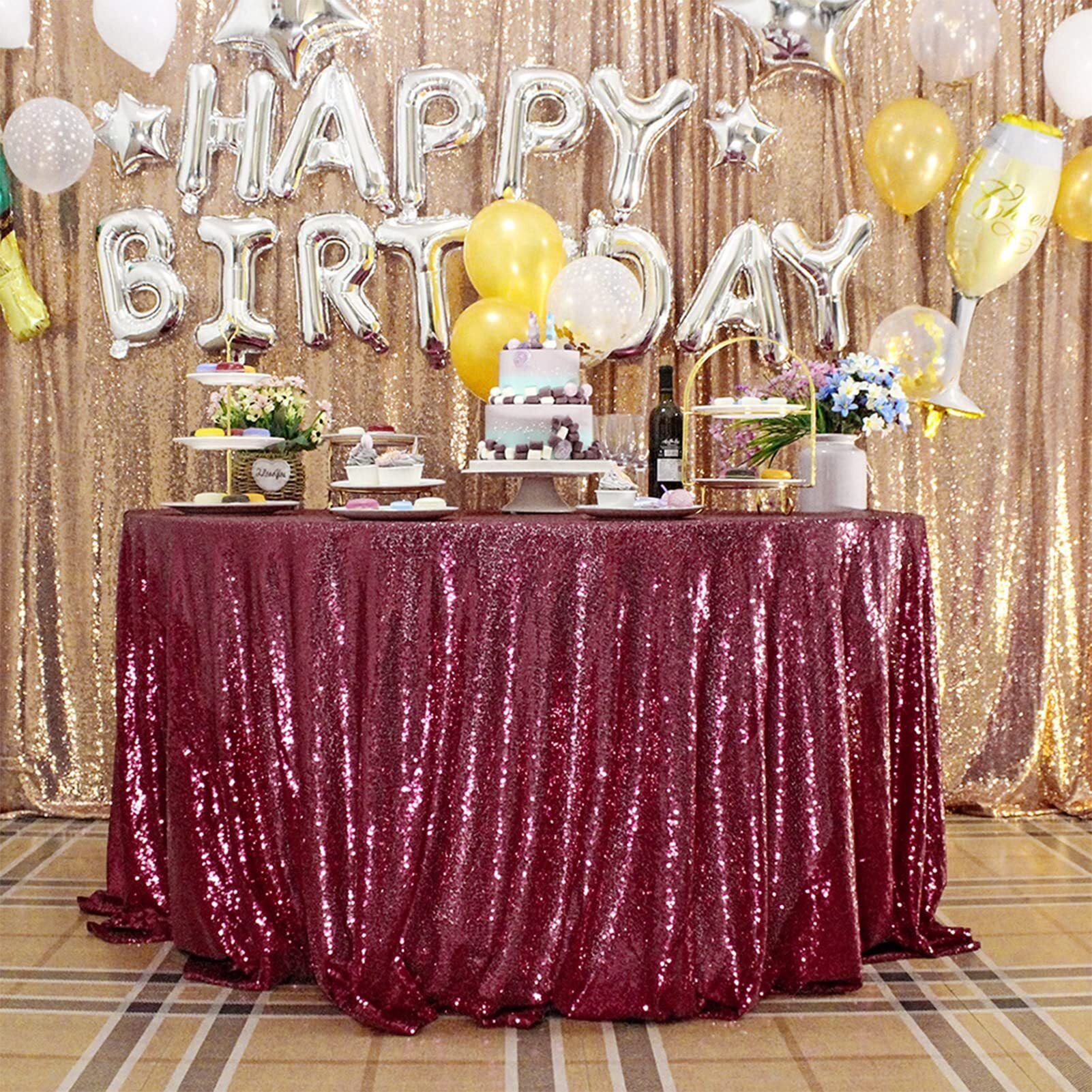 Jyflzq Burgundy Sequin Tablecloth 120 Round Sparkly Drape Table Cloths Table Cover Overlay For Wedding Birthday Party Baby Bridal Shower