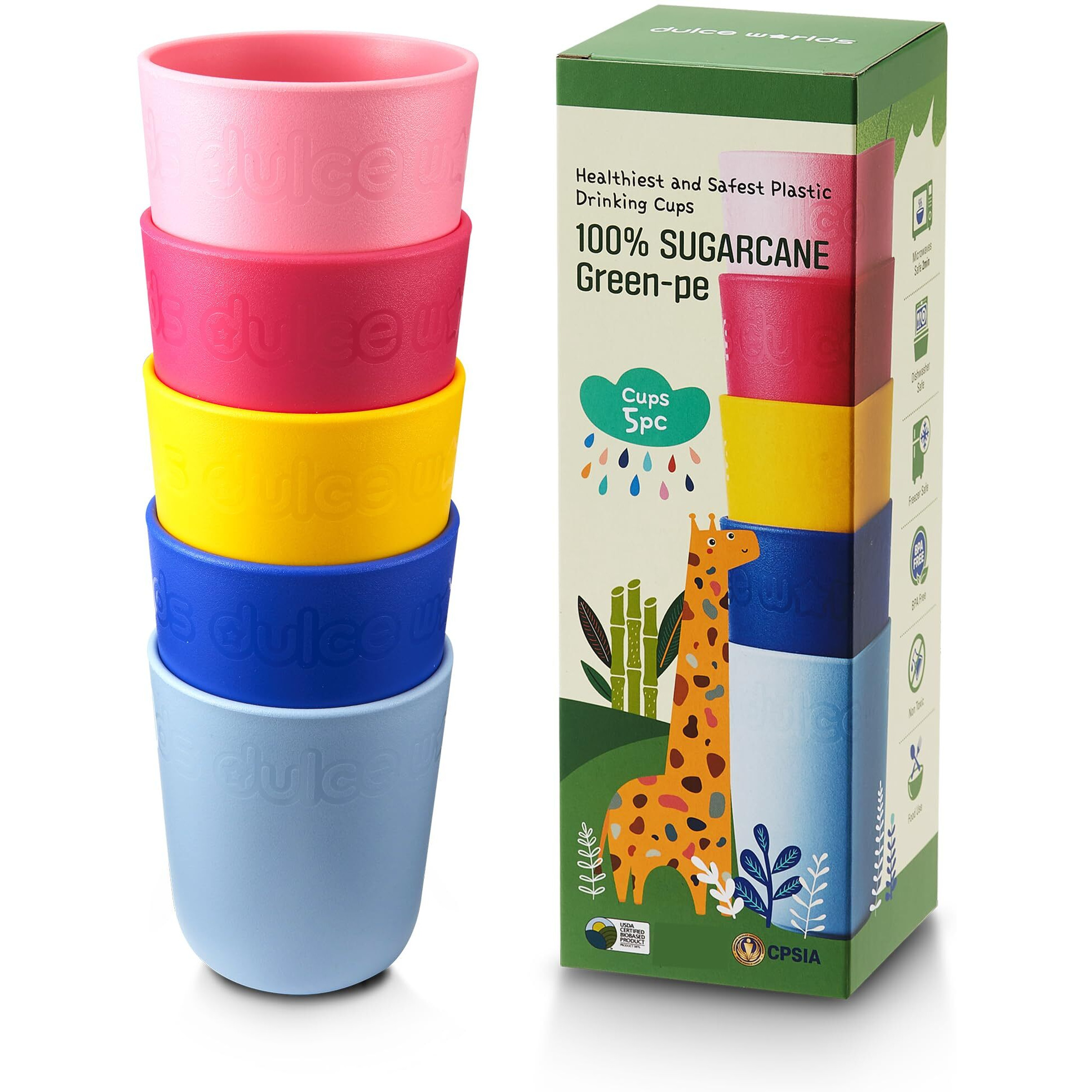 Dulce Worlds Sugarcane Kids Cups 10 Oz - 5 Pack  Usda & Lfgb Certified Toddler Cups - Bpa Free - Dishwasher Safe  Reusable  Unbreakable - Multi