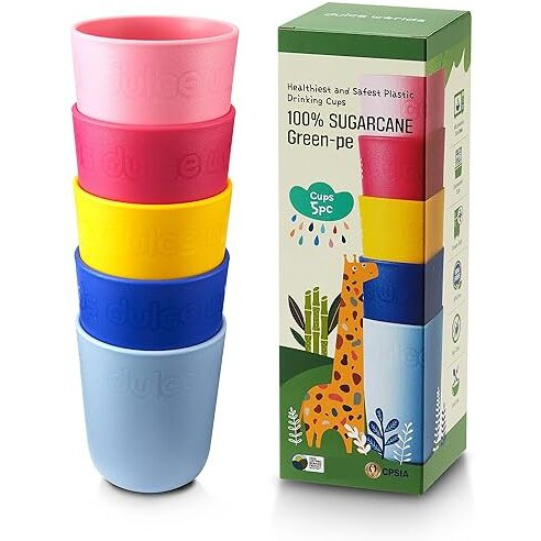 Dulce Worlds Sugarcane Kids Cups 10 Oz - 5 Pack  Usda & Lfgb Certified Toddler Cups - Bpa Free - Dishwasher Safe  Reusable  Unbreakable - Multi