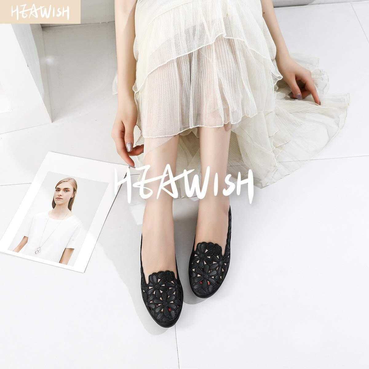 Heawish Women 's Floral Ballet Flats For Women Black Beige Slip On Flowers Pu Leather Round Toe Dress Shoes(Black Us7)