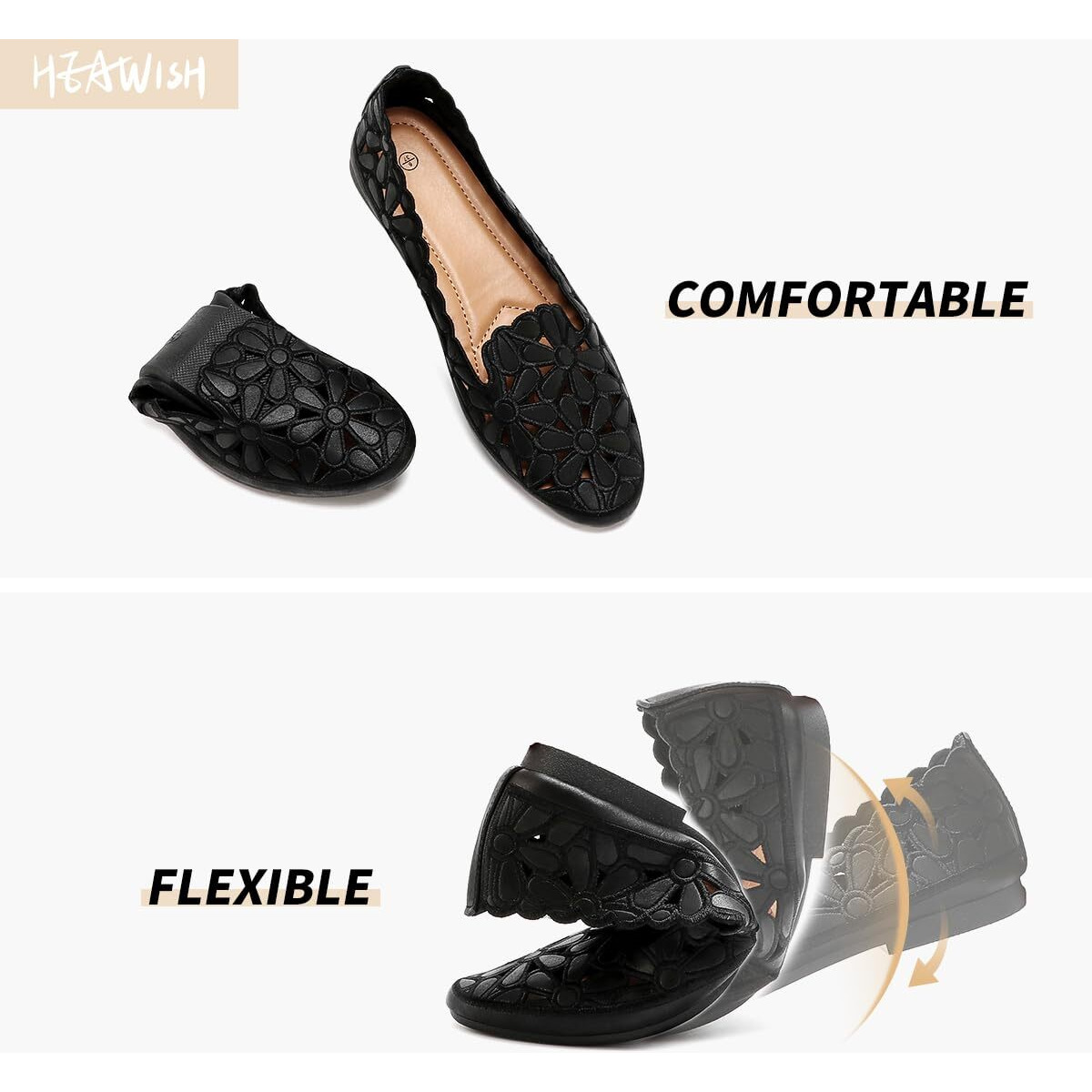 Heawish Women 's Floral Ballet Flats For Women Black Beige Slip On Flowers Pu Leather Round Toe Dress Shoes(Black Us7)