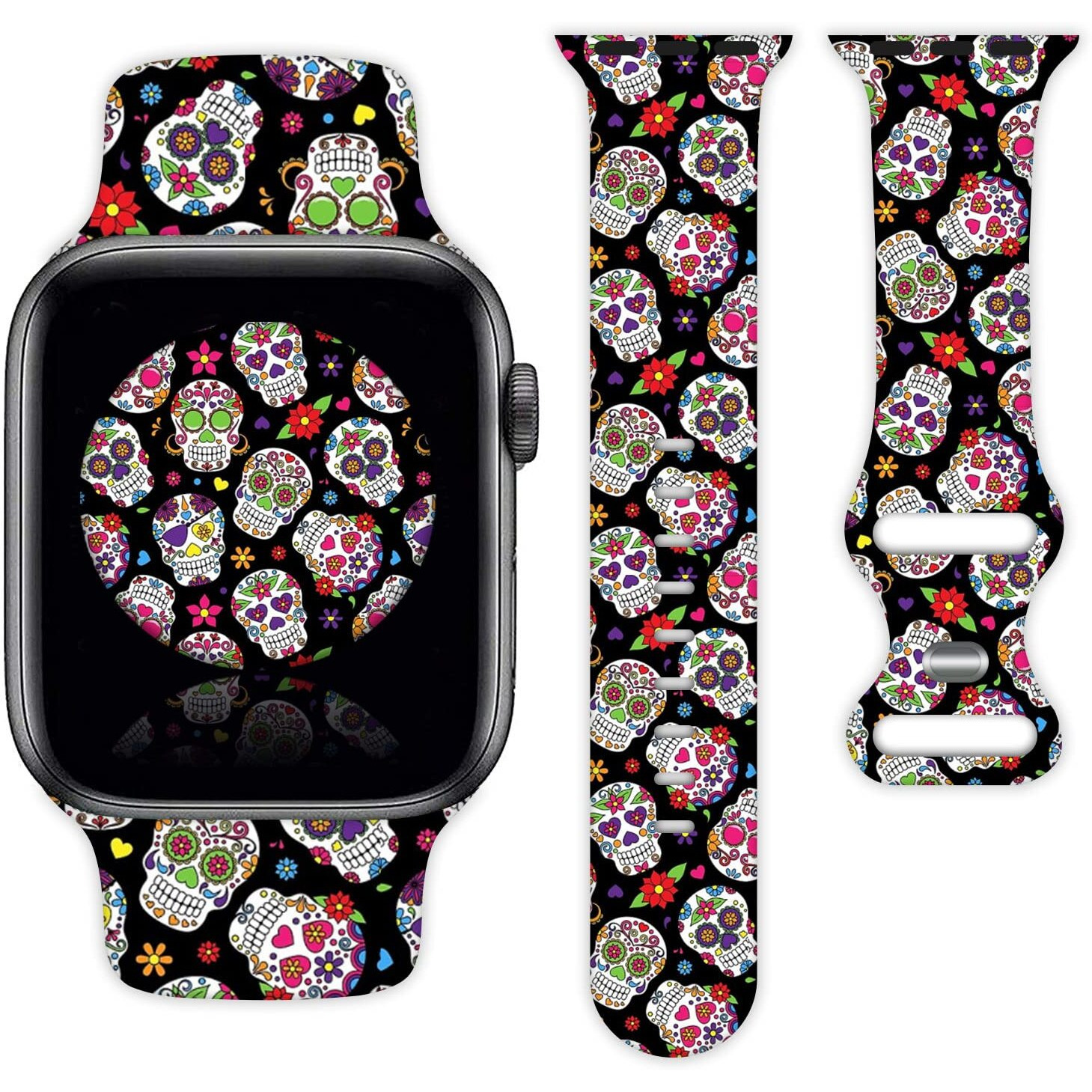 Halloween Day Of The Dead Sugar Skull Skeleton Watch Band Compatible With Apple Watch For Women Men Gifts Sport Silicone Wristbands Strap For Iwatch Series 7 6 5 4 3 2 1 Se (38Mm/40Mm/41Mm)