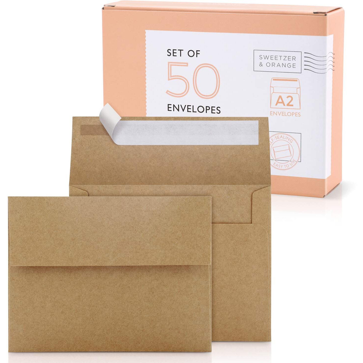Sweetzer  Orange A2 Envelopes (50 With Box) Brown Envelopes Self Seal Luxury 150Gsm For Greeting Card Envelopes And Invitation Envelopes 4375 X 575 Rsvp Envelopes  Plain Kraft Envelopes