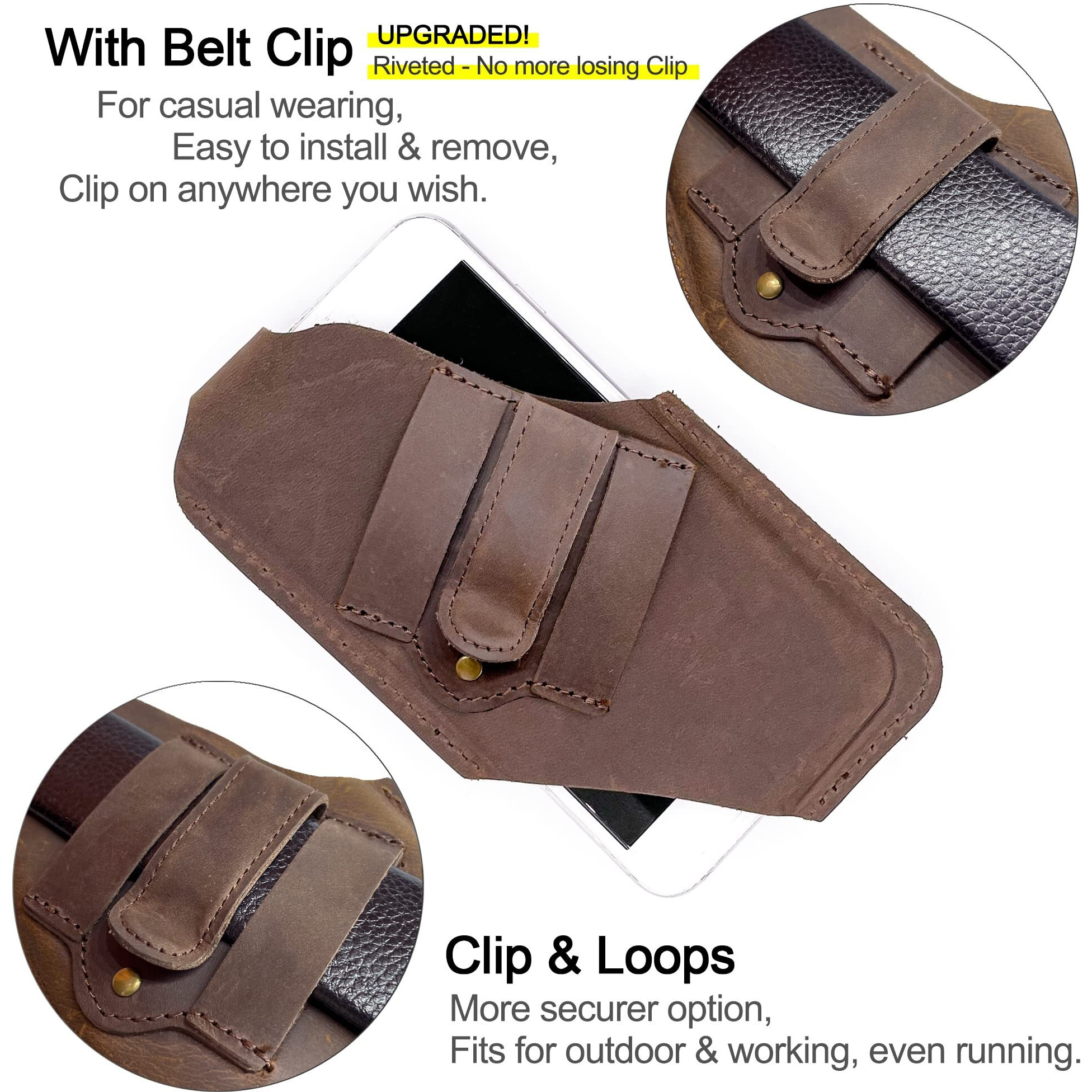 Tobbingear Leather Cell Phone Holster With Belt Clip  Leather Belt Phone Pouch  Universal Leather Phone Case On Belt  Phone Holder For Iphone  Cell Phone Sheath Large Dark Brown