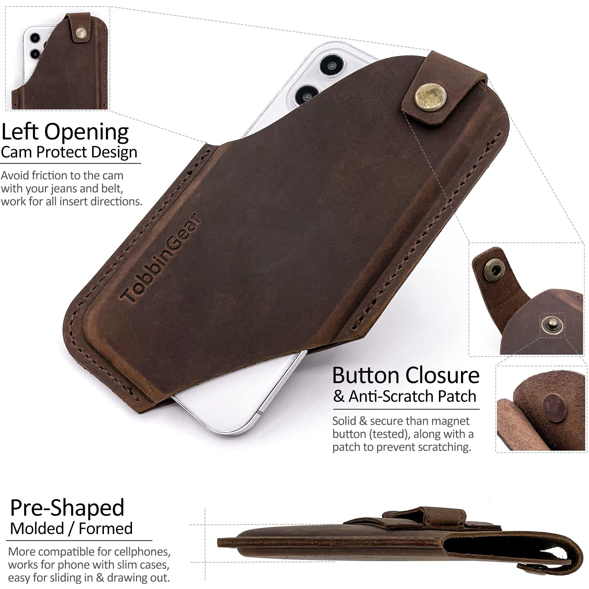 Tobbingear Leather Cell Phone Holster With Belt Clip  Leather Belt Phone Pouch  Universal Leather Phone Case On Belt  Phone Holder For Iphone  Cell Phone Sheath Large Dark Brown