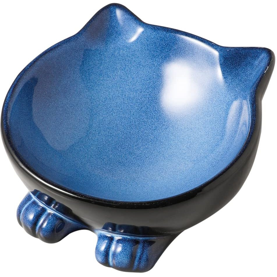 Nihow Ceramic Basic Cat Bowls 6.25 Inch Cat Bowl For Food & Water - Food Grade Cat Dish For Large-Sized Cat/Medium-Sized Dog - Microwave & Dishwasher Safe -Elegant Blue & Black (8.5 Oz /1 Pc)