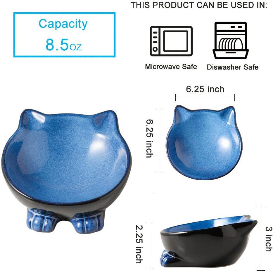Nihow Ceramic Basic Cat Bowls 6.25 Inch Cat Bowl For Food & Water - Food Grade Cat Dish For Large-Sized Cat/Medium-Sized Dog - Microwave & Dishwasher Safe -Elegant Blue & Black (8.5 Oz /1 Pc)