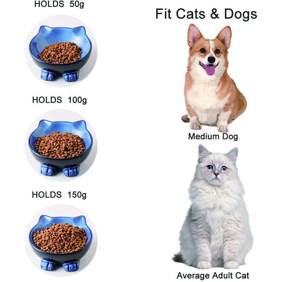 Nihow Ceramic Basic Cat Bowls 6.25 Inch Cat Bowl For Food & Water - Food Grade Cat Dish For Large-Sized Cat/Medium-Sized Dog - Microwave & Dishwasher Safe -Elegant Blue & Black (8.5 Oz /1 Pc)