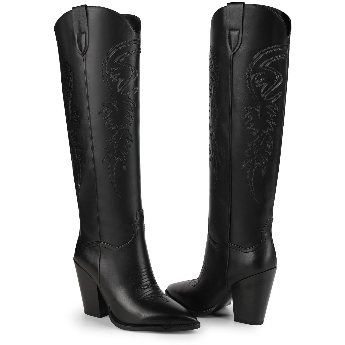 Isnom Black Cowgirl Boots For Womens Western Boots Tall Black Cowboy Boots For Women Knee High Western Boots For Women Tall Cowboy Boots Women High Heel Wide Calf Cowboy Boots Women Cowboy Boots