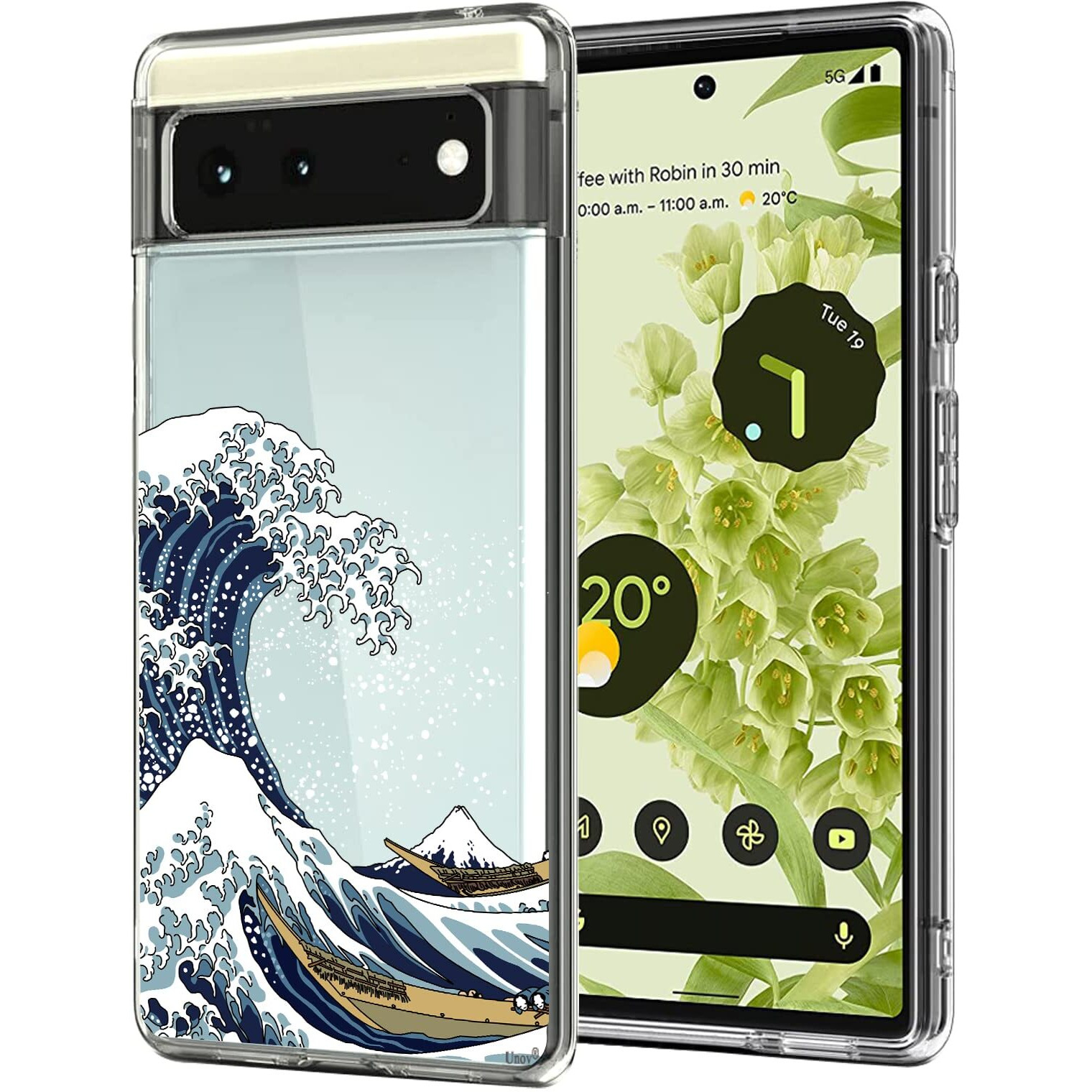 Unov Pixel 6 Case Clear With Design Soft Tpu Shock Absorption Slim Embossed Pattern Protective Back Cover For Pixel 6 5G 6.4 Inch (Great Wave)
