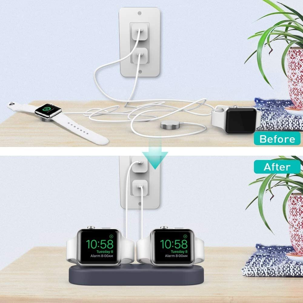 Delidigi Dual Charging Stand Silicone Double Charger Stand Compatible With Apple Watch Ultra 2  Ultra  Se  Series 10 9 8 7 6 5 4 3(49/46/45/44/42/41/40/38Mm)  Supports Nightstand Mode(Midnight Blue)