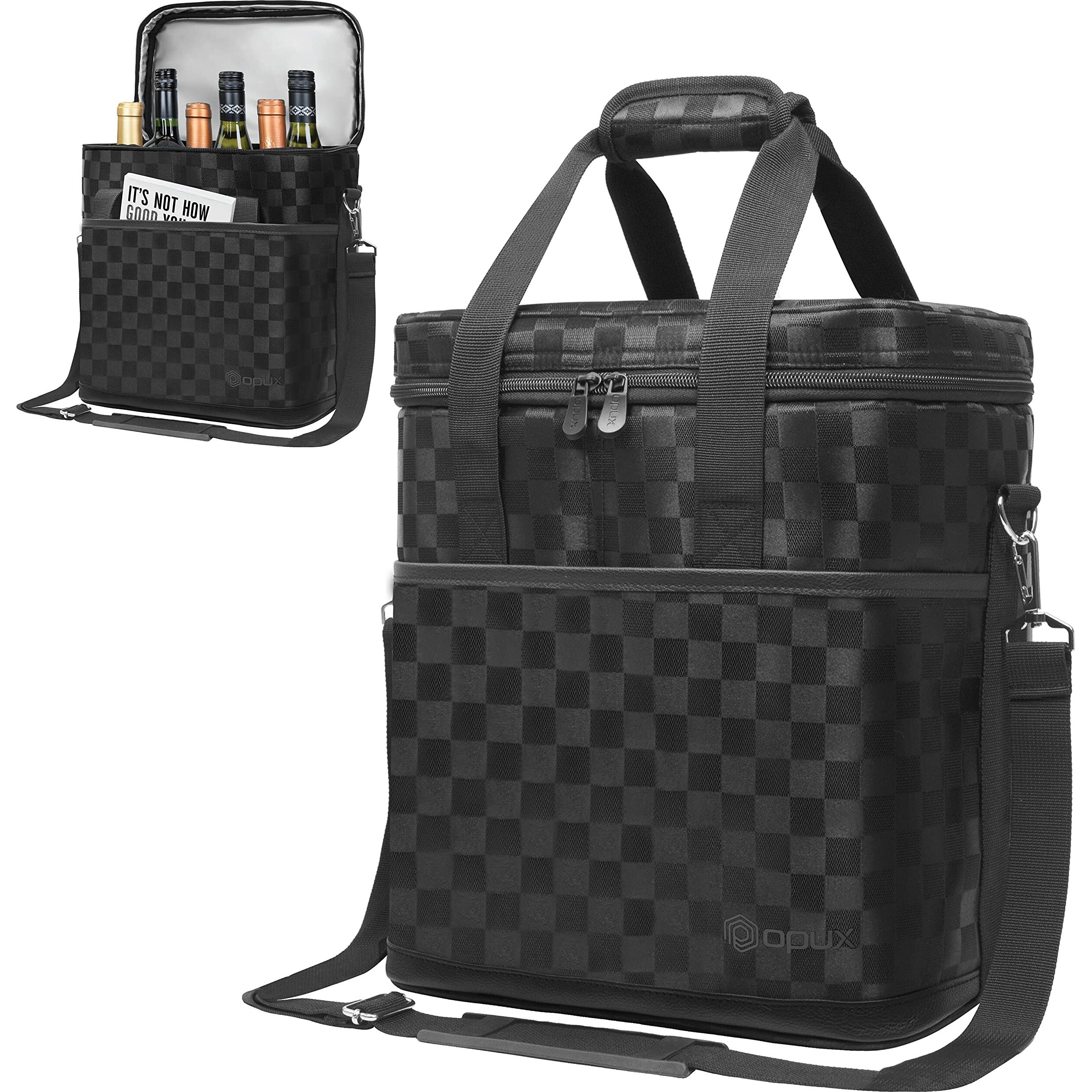 Opux 6 Bottle Carrier Tote  Insulated Padded Wine Cooler Bag For Travel Picnic  Byob  Portable Leakproof Wine Tote Bag For Dinner  Party  Christmas  Wine Gift For Women  Men (Black Square)