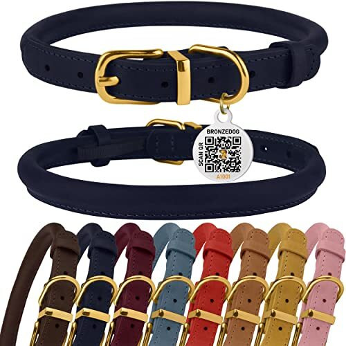 Bronzedog Rolled Leather Dog Collar With Qr Id Tag Adjustable Soft Round Collars For Small Medium Large Dogs Puppy Cat (9"" - 11"" Neck Size  Dark Blue)