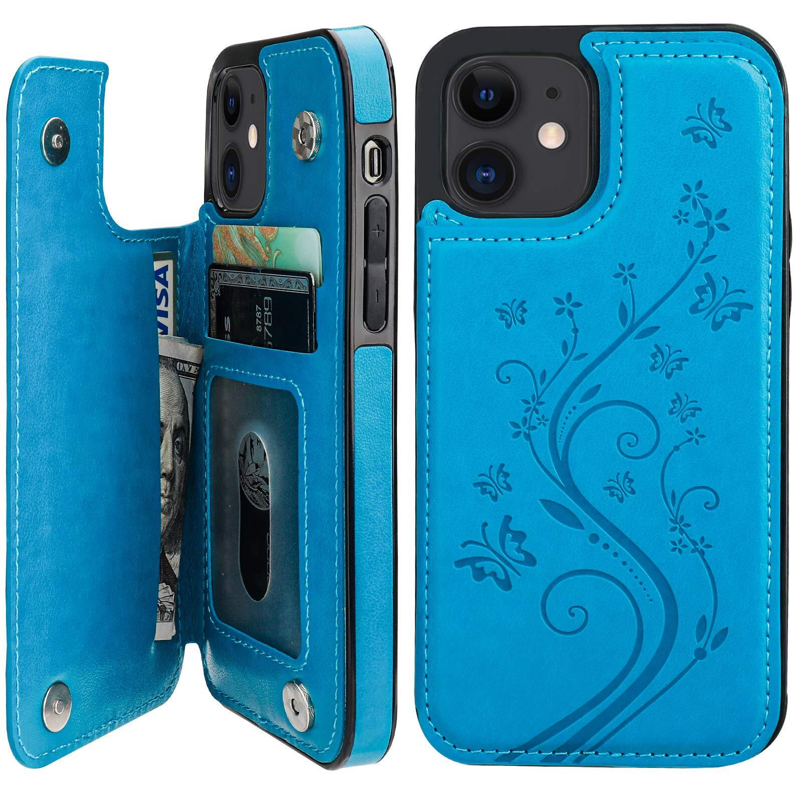 Vaburs Compatible With Iphone 12 And Iphone 12 Pro Case Wallet With Card Holder Embossed Butterfly Pattern Pu Leather Double Magnetic Buttons Flip Shockproof Cover 6.1 Inch(Blue)