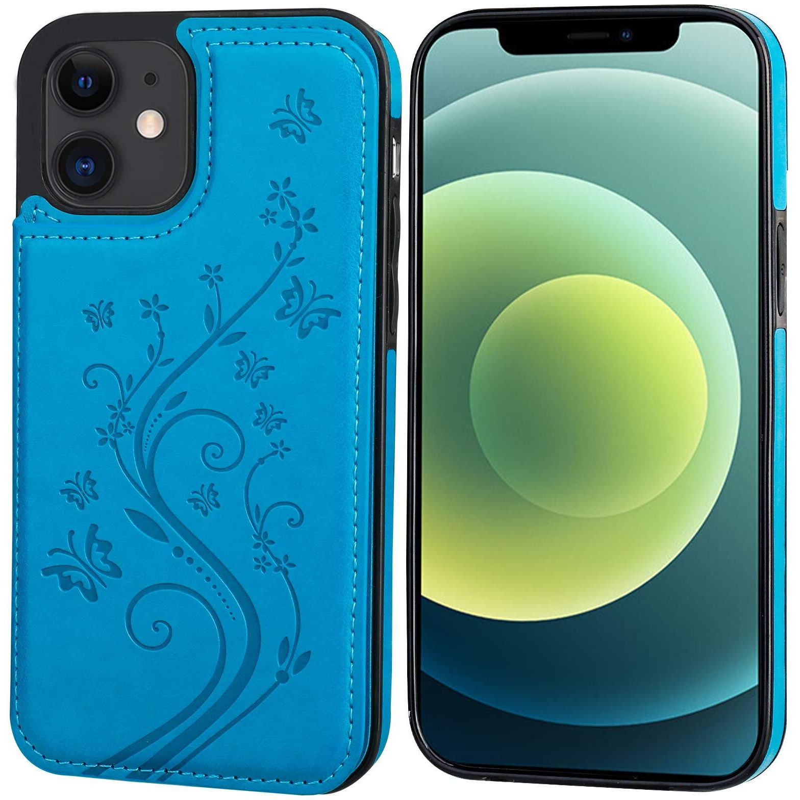 Vaburs Compatible With Iphone 12 And Iphone 12 Pro Case Wallet With Card Holder Embossed Butterfly Pattern Pu Leather Double Magnetic Buttons Flip Shockproof Cover 6.1 Inch(Blue)