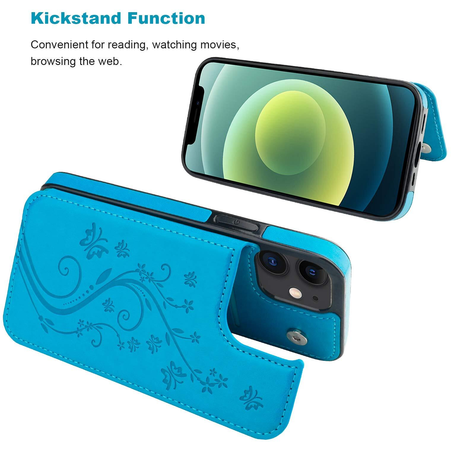 Vaburs Compatible With Iphone 12 And Iphone 12 Pro Case Wallet With Card Holder Embossed Butterfly Pattern Pu Leather Double Magnetic Buttons Flip Shockproof Cover 6.1 Inch(Blue)