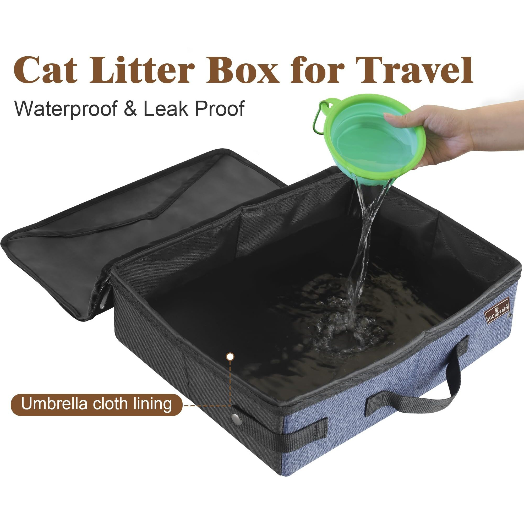 Hicaptain Portable Travel Litter Box  Foldable Cat Litter Box With Lid And Handle Standard Lightweight Collapsible Litter Carrier For Cat Travel(M Black/Blue)