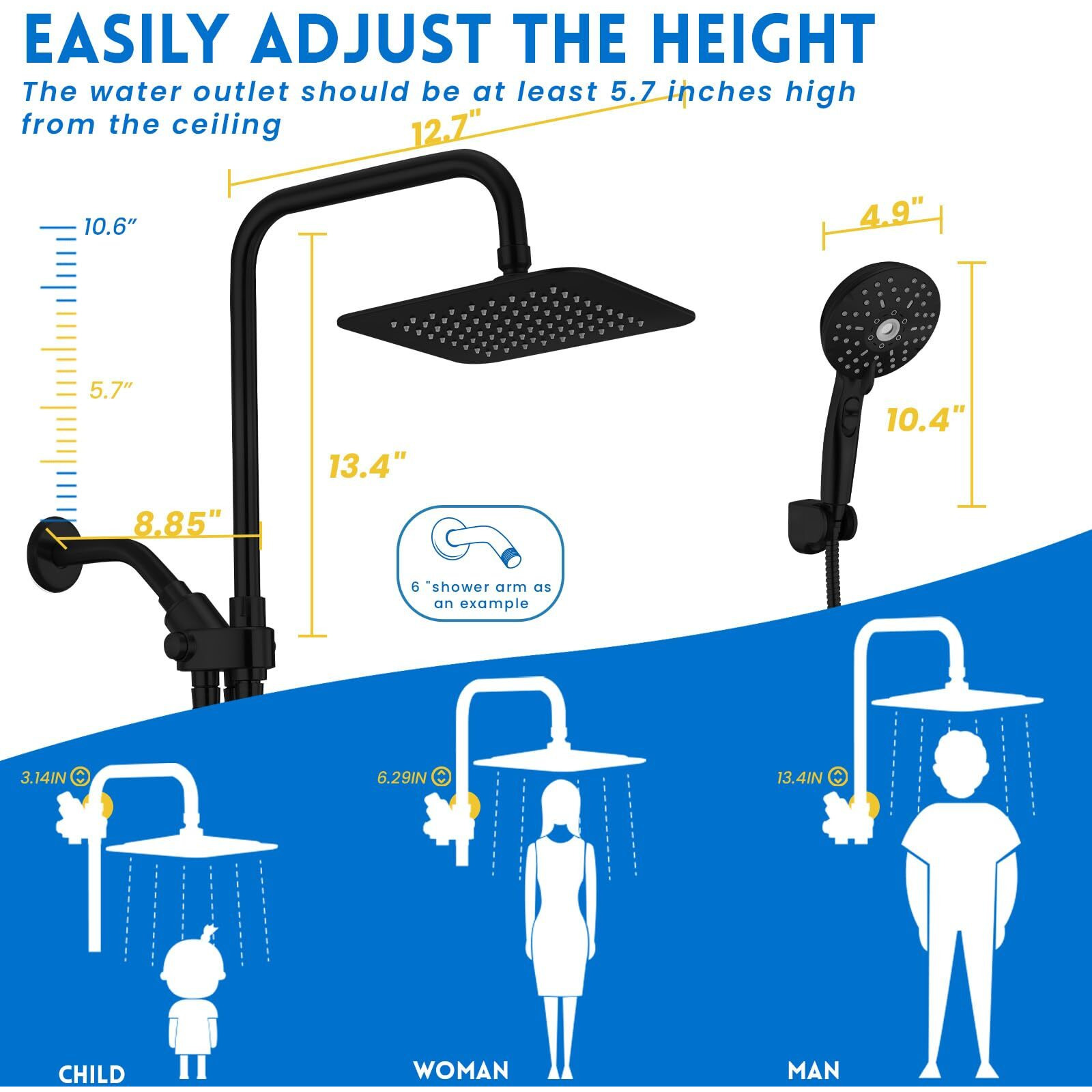 Ryamen Dual Shower Head Combo  Black 8 ' ' High Pressure Rain/Rainfall Shower Head 5 Settings Adjustable Handheld Showers With 15 "" Height Adjustable Slide Bar Holder/59 Hose