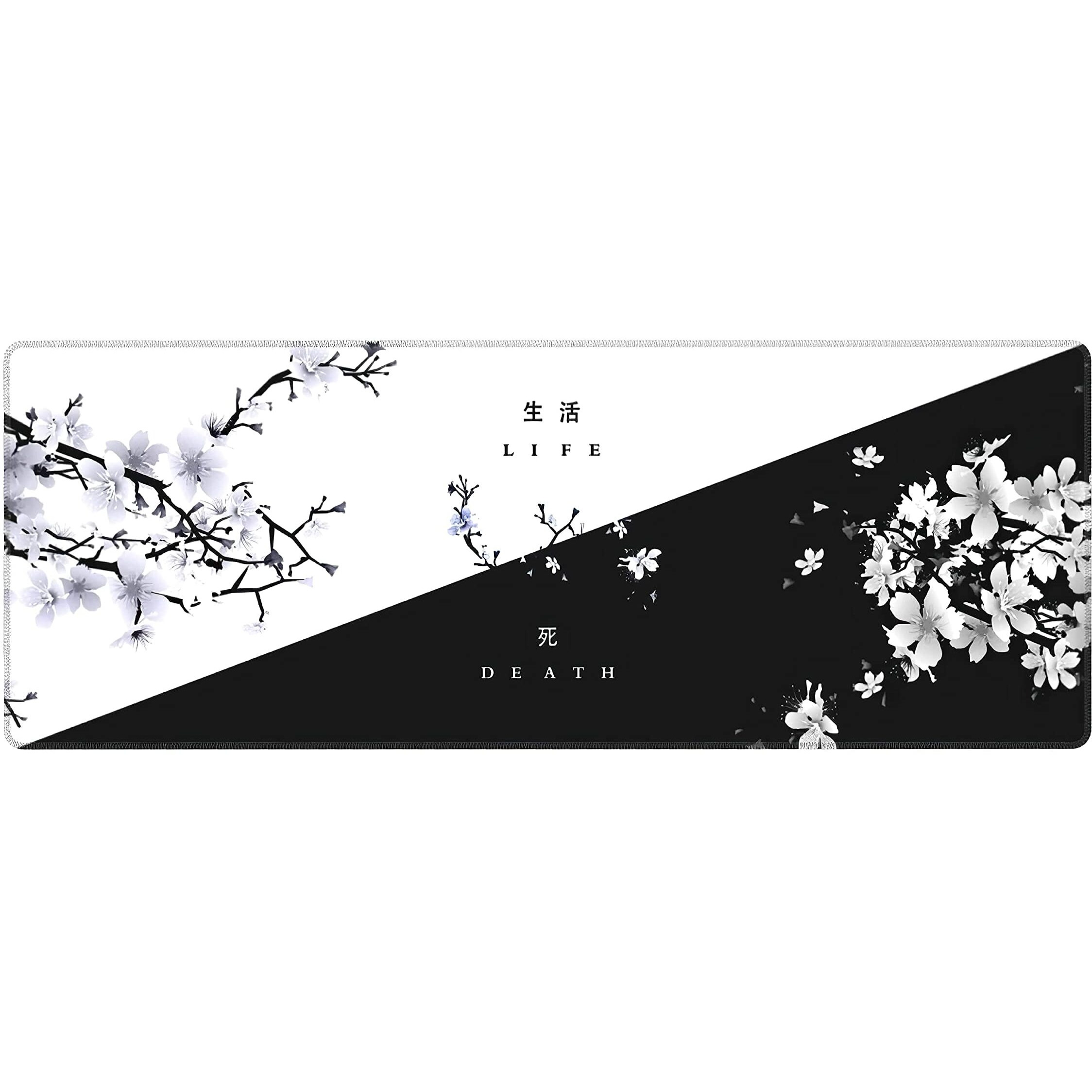 Black White Cherry Blossom Mouse Pad Japanese Sakura Death Life Flower Extended Desk Mat 80X30 Cm Non-Slip Rubber Base Stitched Edge Large Xl Playmat For Keyboard Gaming Laptop Desktop 315A118 Inch