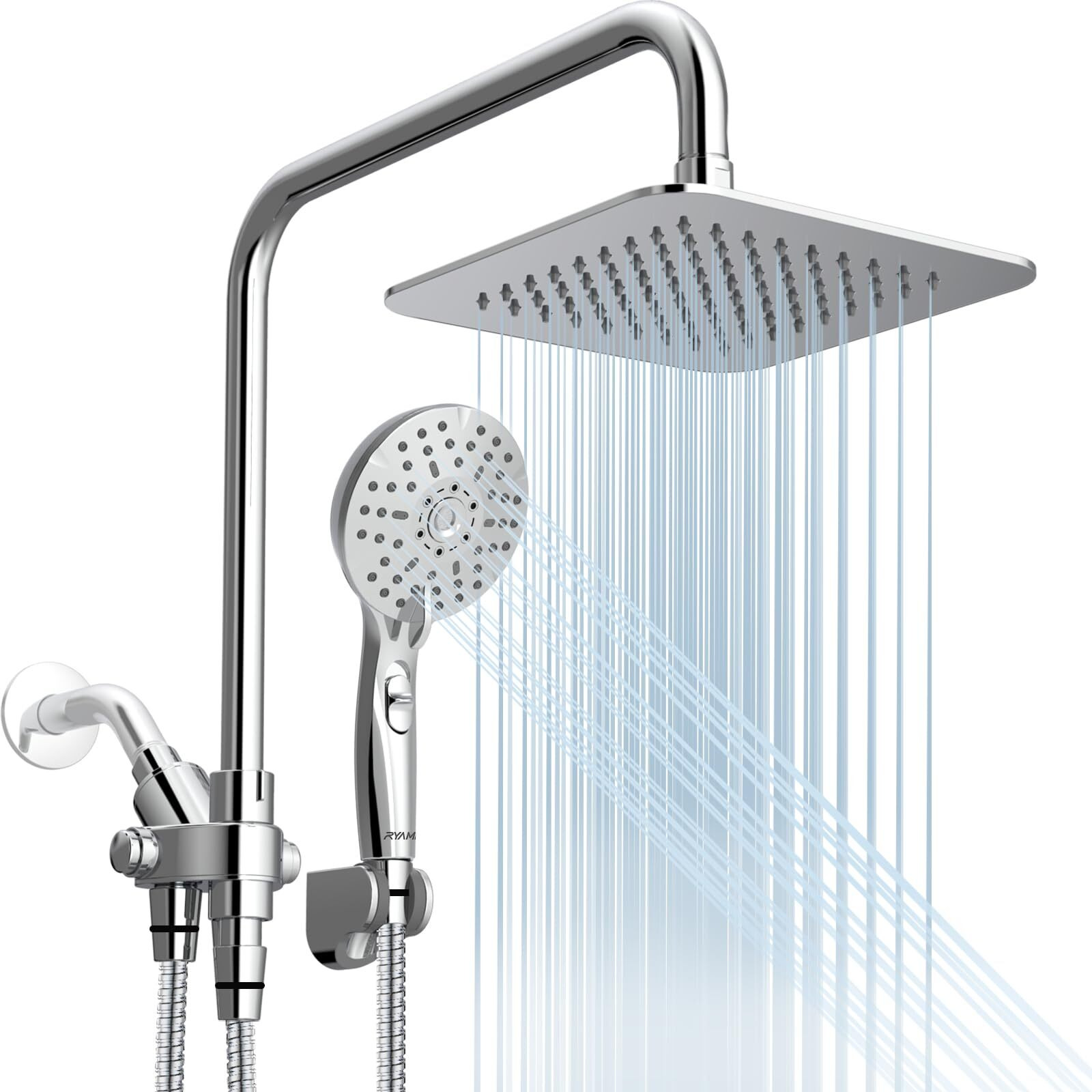 Ryamen Dual Shower Head Combo  8 ' ' High Pressure Rain/Rainfall Shower Head 5 Settings Adjustable Handheld Showers With 15 "" Height Adjustable Slide Bar Holder/Hose  Angle Adjustable  Chrome