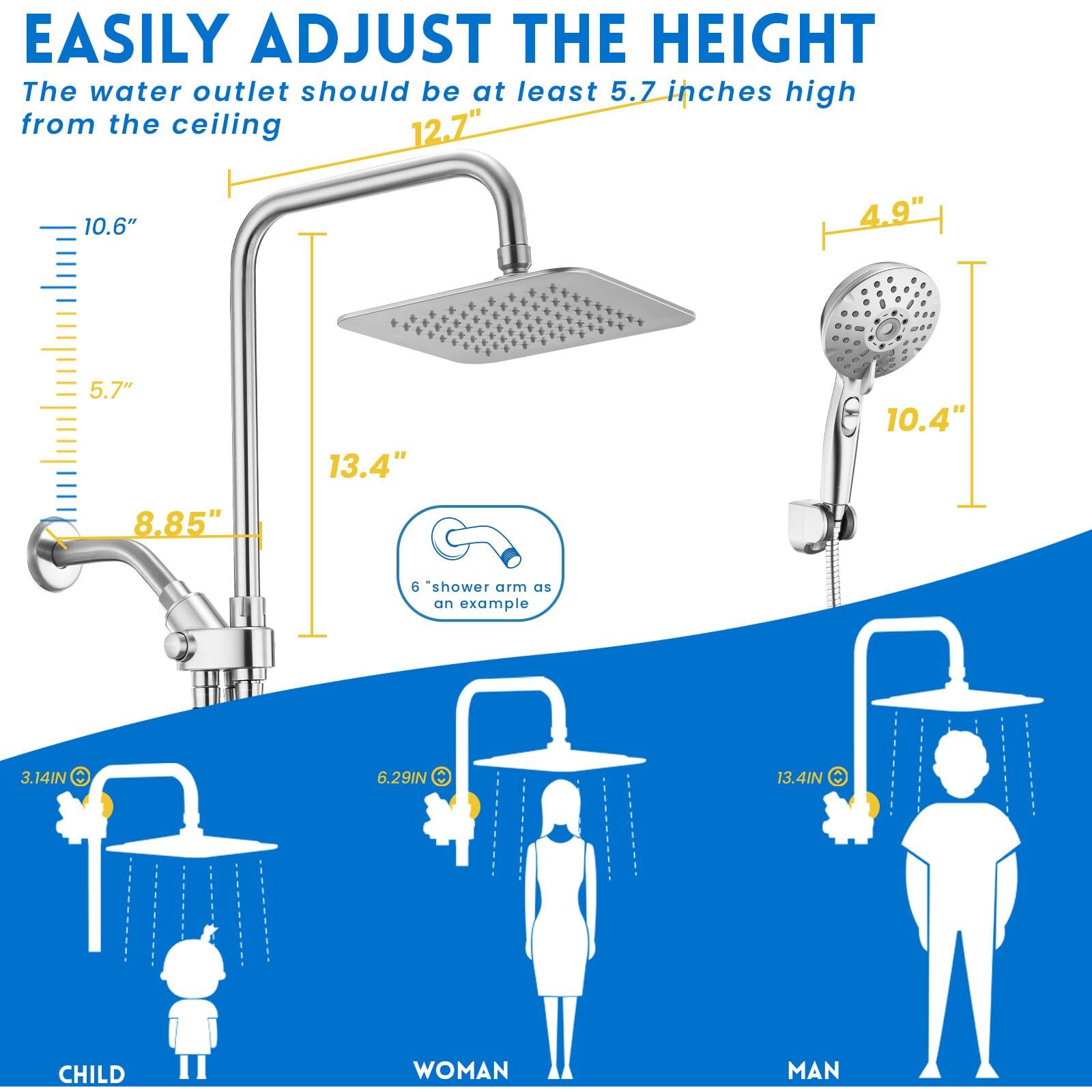 Ryamen Dual Shower Head Combo  8 ' ' High Pressure Rain/Rainfall Shower Head 5 Settings Adjustable Handheld Showers With 15 "" Height Adjustable Slide Bar Holder/Hose  Angle Adjustable  Chrome