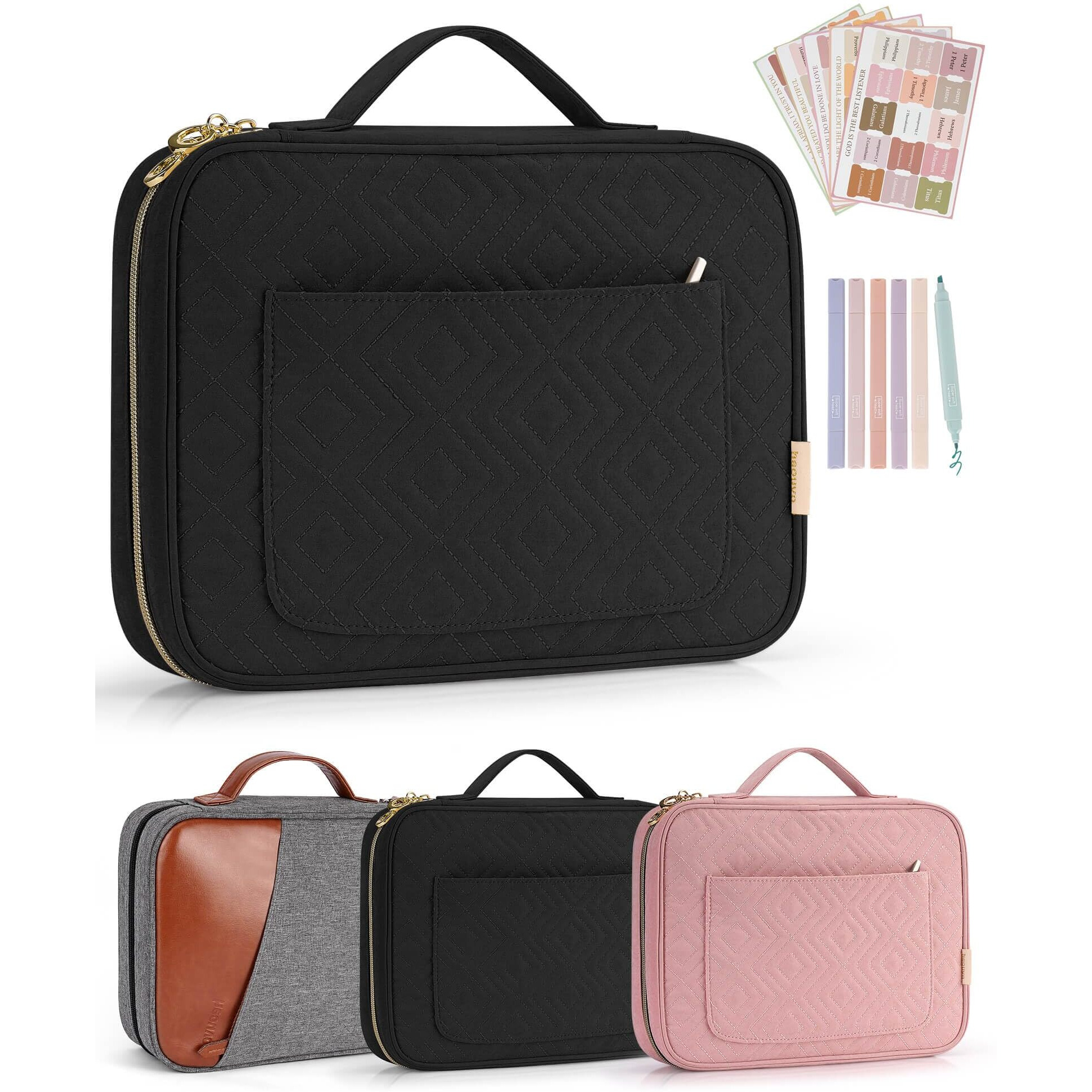 Heouvo Bible Cover Case For Women  Bible Study Supplies  Bible Journaling Kit  6 No Bleed Bible Highlighters And Pens  75 Bible Tabs  Large Size Zippered Bible Bags (Black)