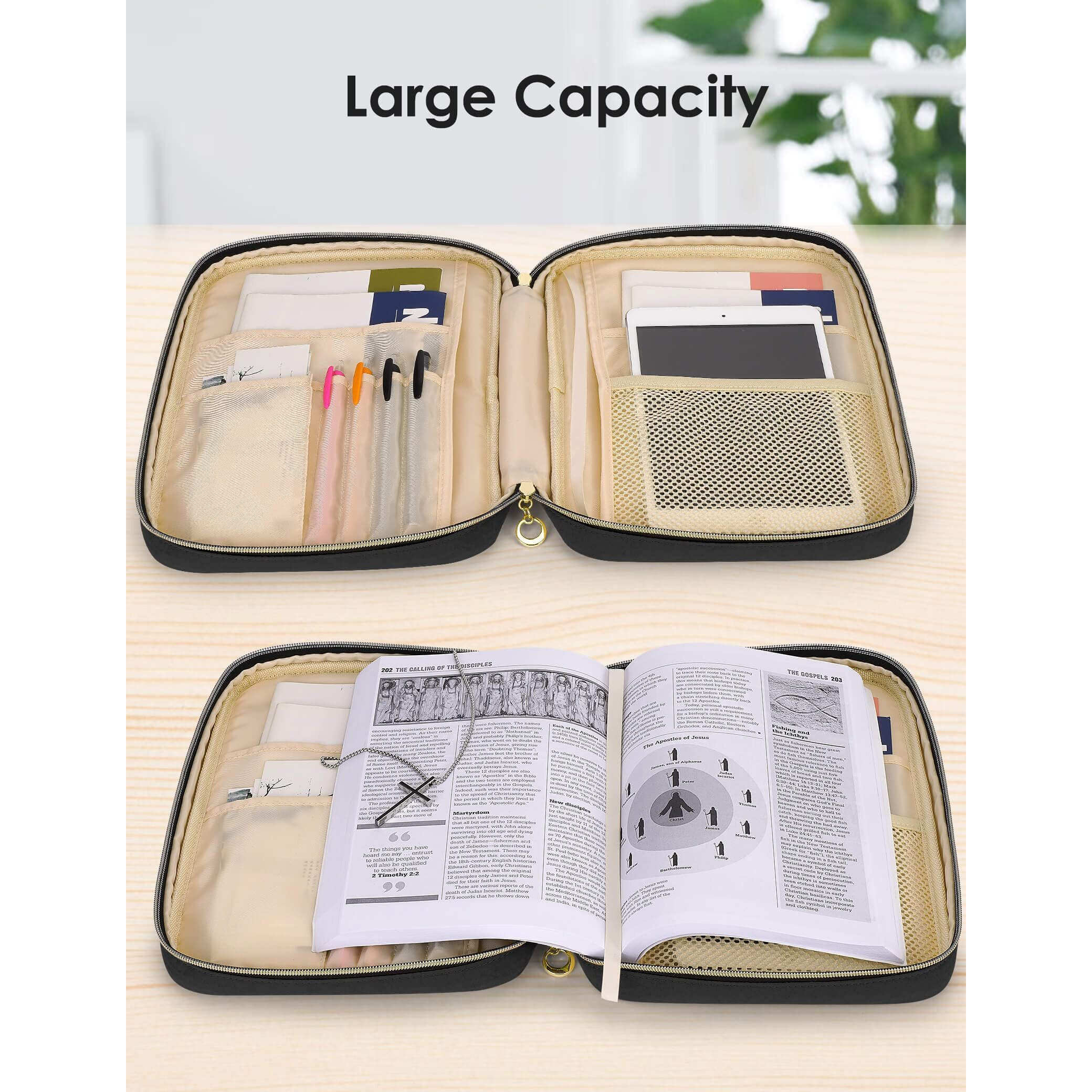 Heouvo Bible Cover Case For Women  Bible Study Supplies  Bible Journaling Kit  6 No Bleed Bible Highlighters And Pens  75 Bible Tabs  Large Size Zippered Bible Bags (Black)