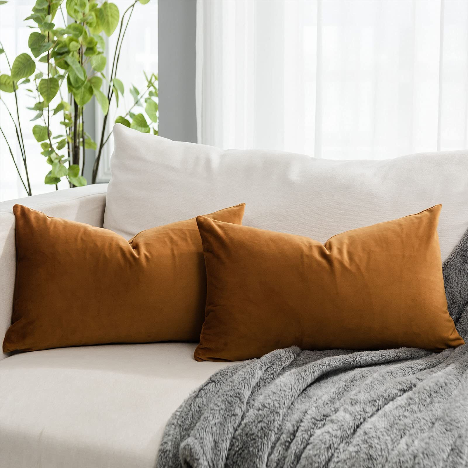 Quafoo Burnt Orange Decorative Lumbar Velvet Throw Pillow Covers 12X20 Inch Set Of 2 With Zipper Luxury Soft Solid Rectangle Cushion Covers Case For Sofa Couch Bed Living Room
