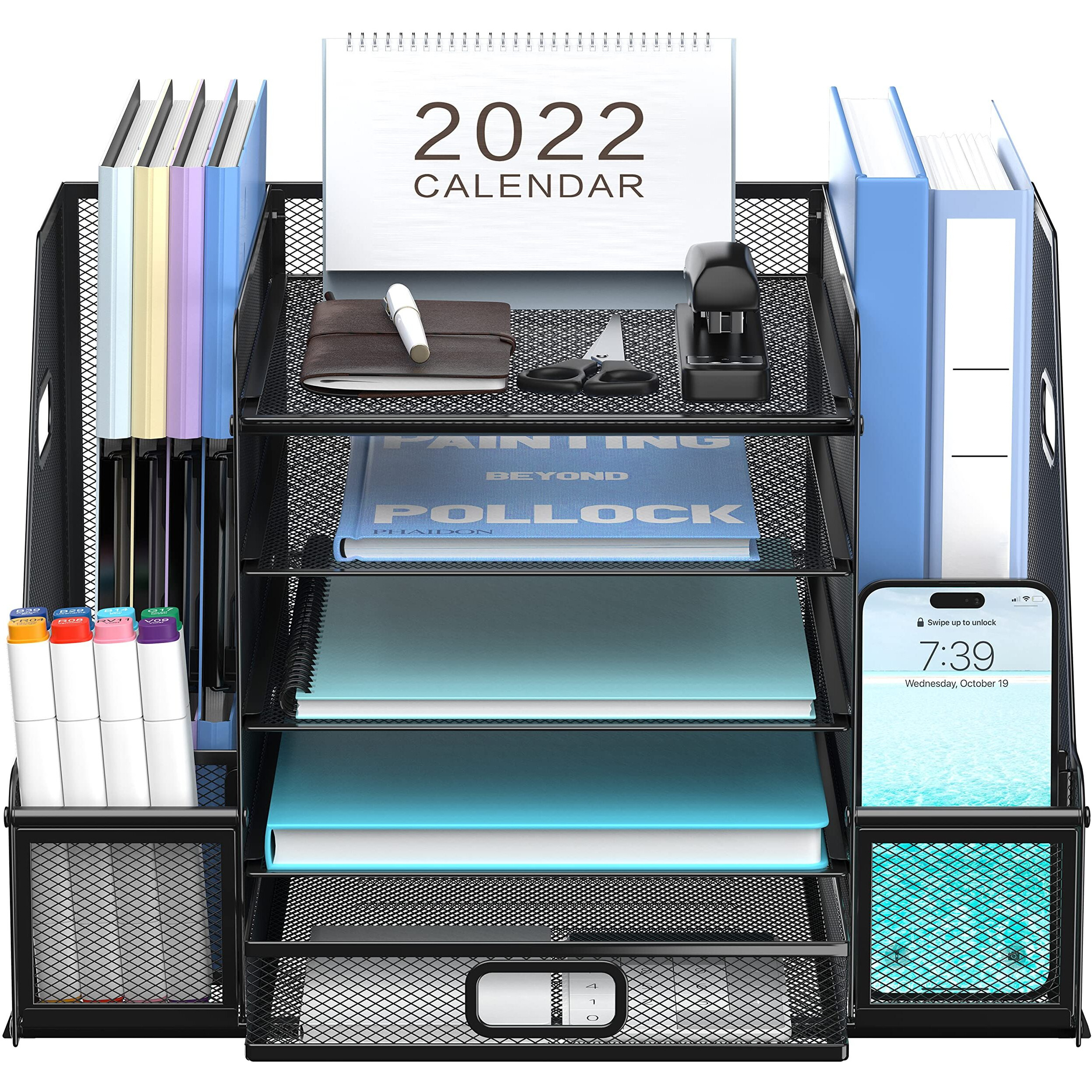 Supeasy Mesh Desk Organizer With File Holder  5-Tier Paper Letter Tray Organizer With Magazine Holder  Desktop Organizer And Storage With Drawer For Office Supplies Home Or School  Black