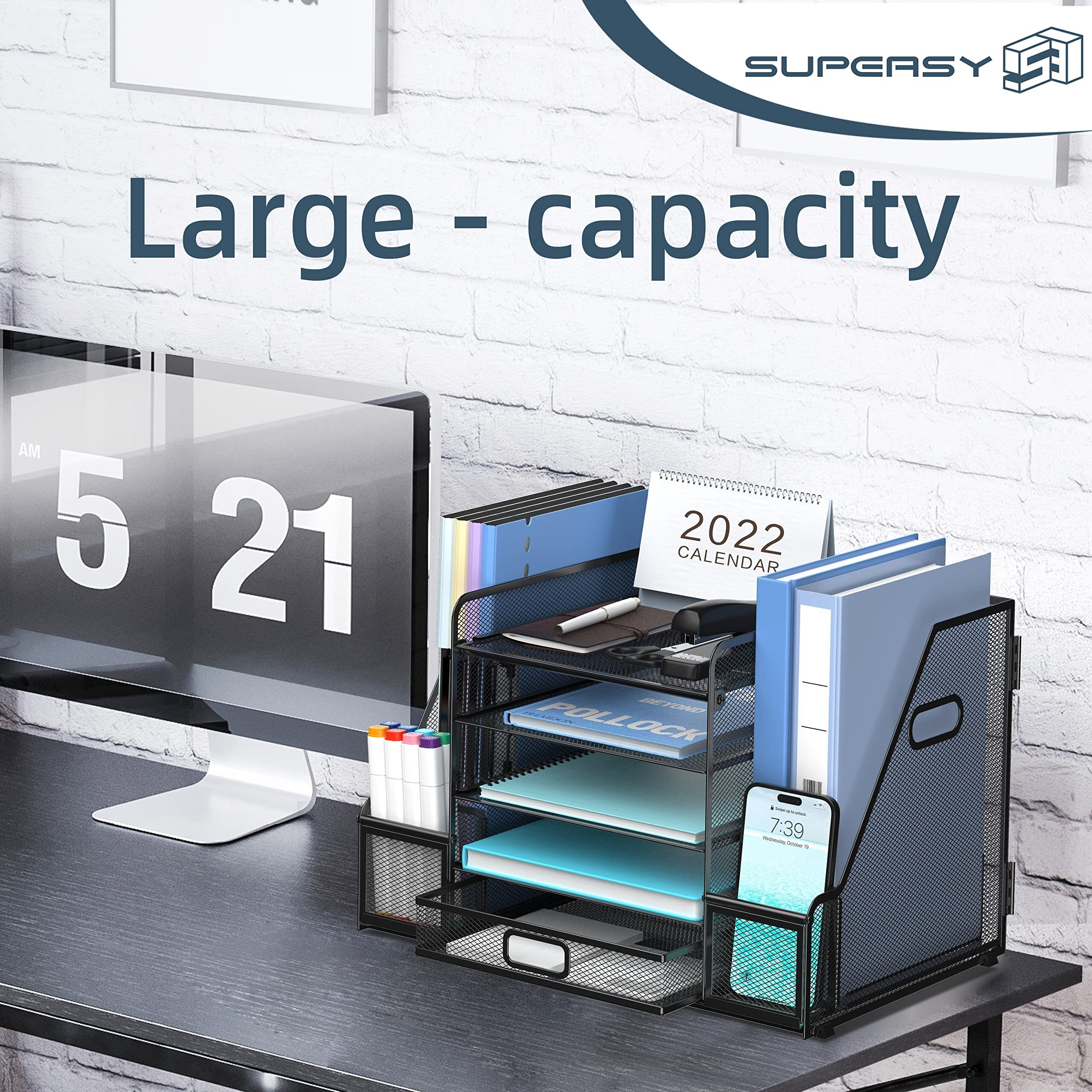 Supeasy Mesh Desk Organizer With File Holder  5-Tier Paper Letter Tray Organizer With Magazine Holder  Desktop Organizer And Storage With Drawer For Office Supplies Home Or School  Black