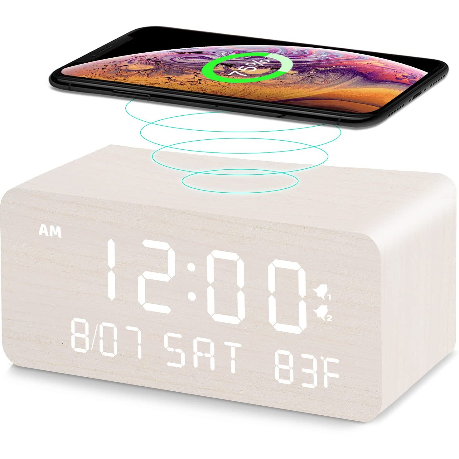 Andoolex Wooden Digital Alarm Clock With Wireless Charging  0-100% Adjustable Brightness Dimmer And Volume  Weekday/Weekend Mode  Dual Alarm  Snooze  12/24H  Wood Led Clock For Bedroom (White)