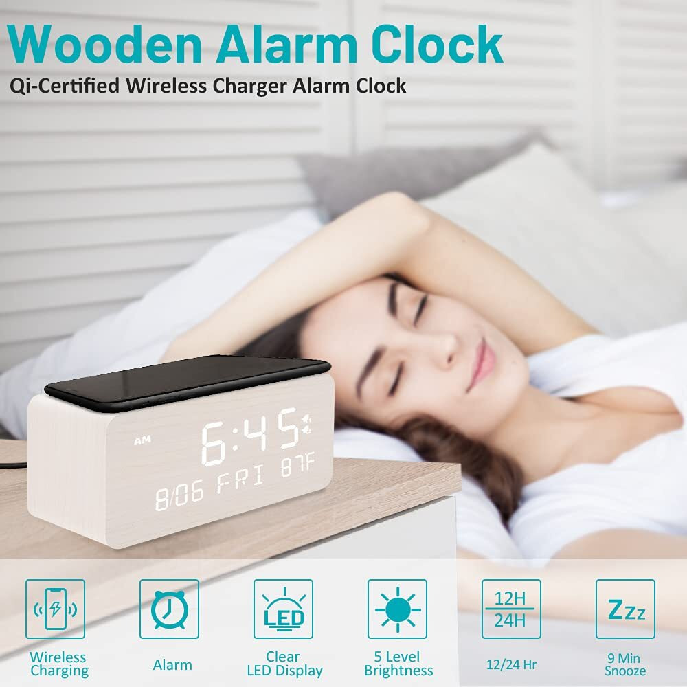 Andoolex Wooden Digital Alarm Clock With Wireless Charging  0-100% Adjustable Brightness Dimmer And Volume  Weekday/Weekend Mode  Dual Alarm  Snooze  12/24H  Wood Led Clock For Bedroom (White)
