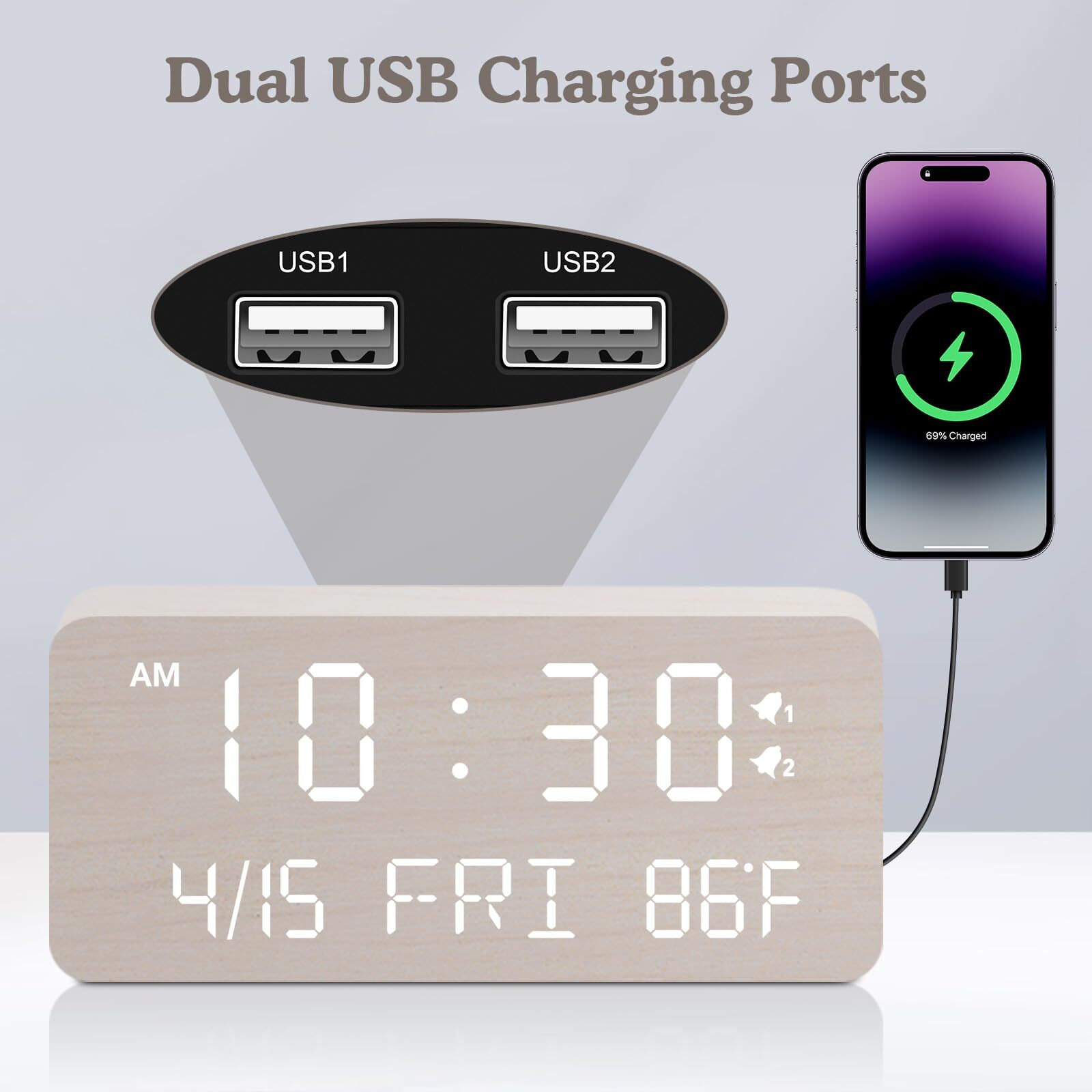 Andoolex Wooden Digital Alarm Clock With Wireless Charging  0-100% Adjustable Brightness Dimmer And Volume  Weekday/Weekend Mode  Dual Alarm  Snooze  12/24H  Wood Led Clock For Bedroom (White)