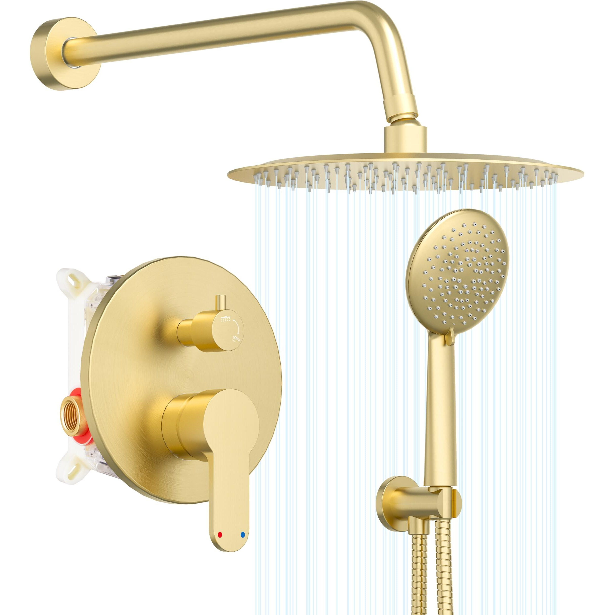 Gabrylly Gold Shower System  Shower Faucet Set With Pressure Balance Shower Valve  10 Inch Gold Shower Heads With 5-Setting Handheld Spray Combo  High Pressure Shower Fixtures  Brushed Gold