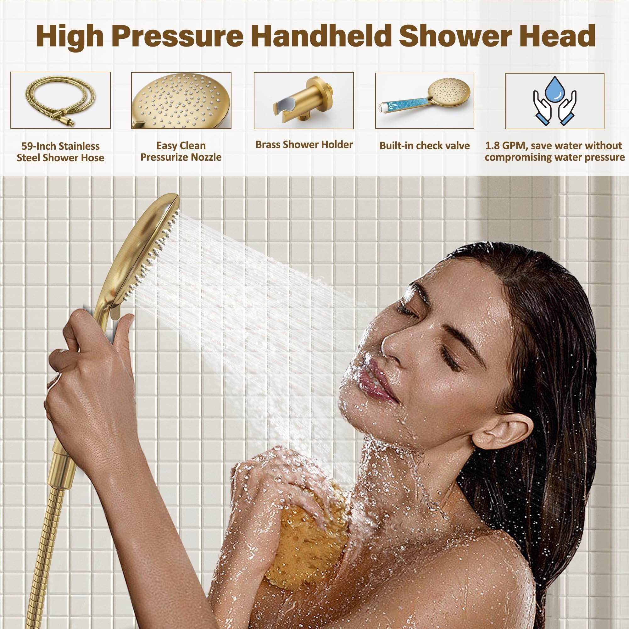Gabrylly Gold Shower System  Shower Faucet Set With Pressure Balance Shower Valve  10 Inch Gold Shower Heads With 5-Setting Handheld Spray Combo  High Pressure Shower Fixtures  Brushed Gold