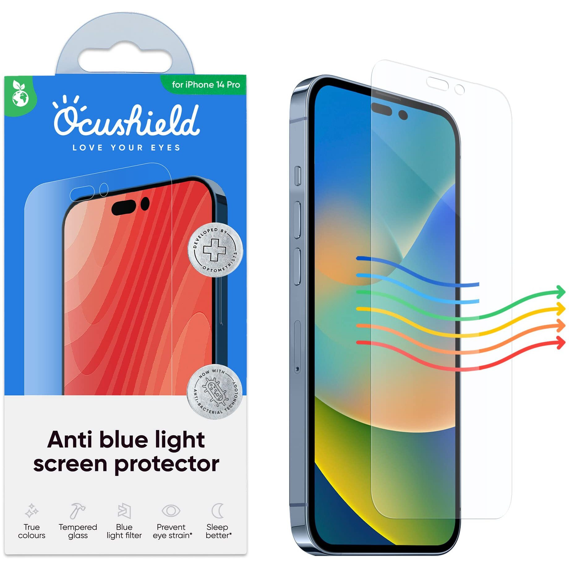 Ocushield Anti Blue Light Tempered Glass Screen Protector For Iphone 14 Pro 6.1"" - Protect Your Eyes Reduce Migraines & Improve Sleep