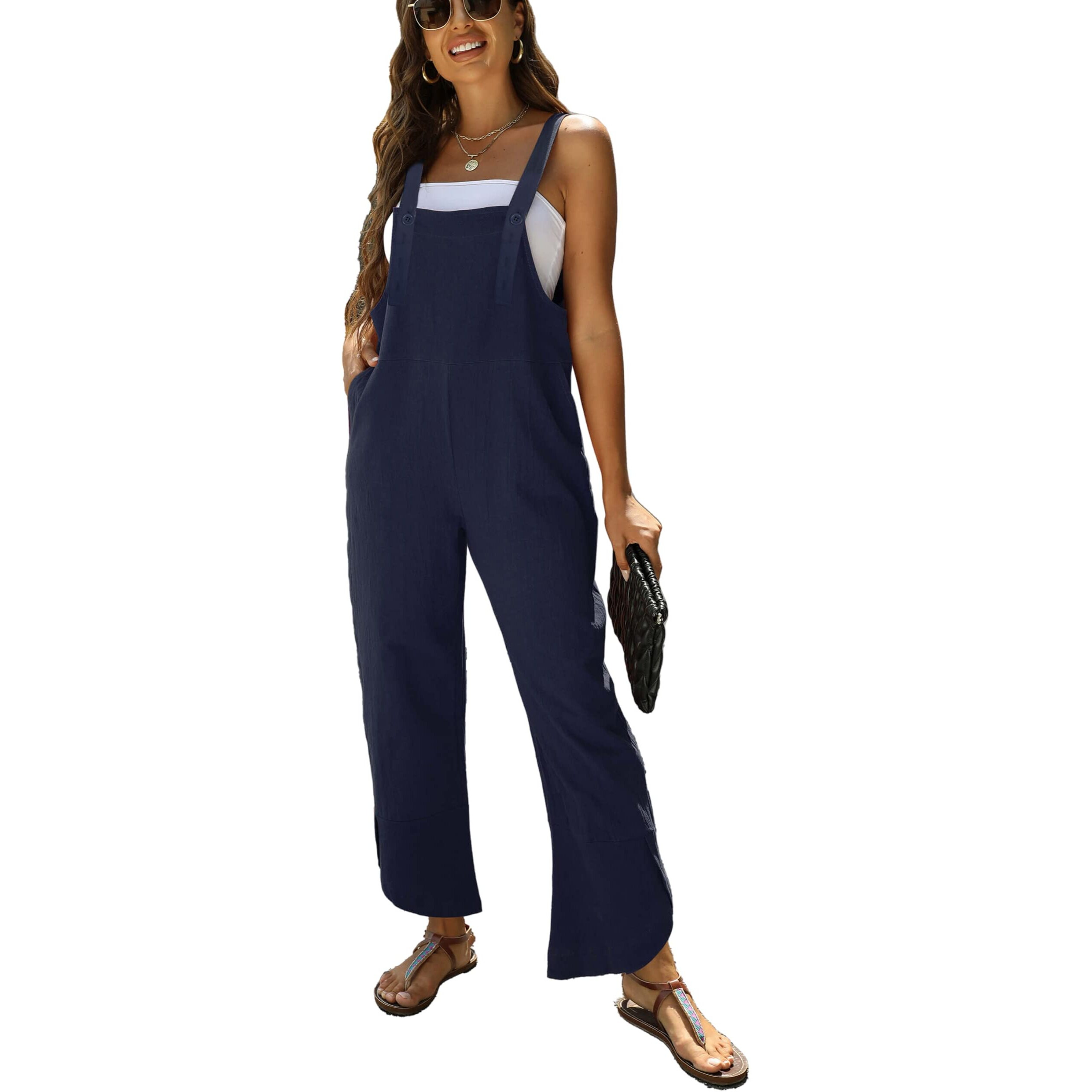 Amebelle Women's Sleeveless Cotton Linen Overalls Rompers Baggy Wide Leg Jumpsuits(1450-Blue-Xxl)