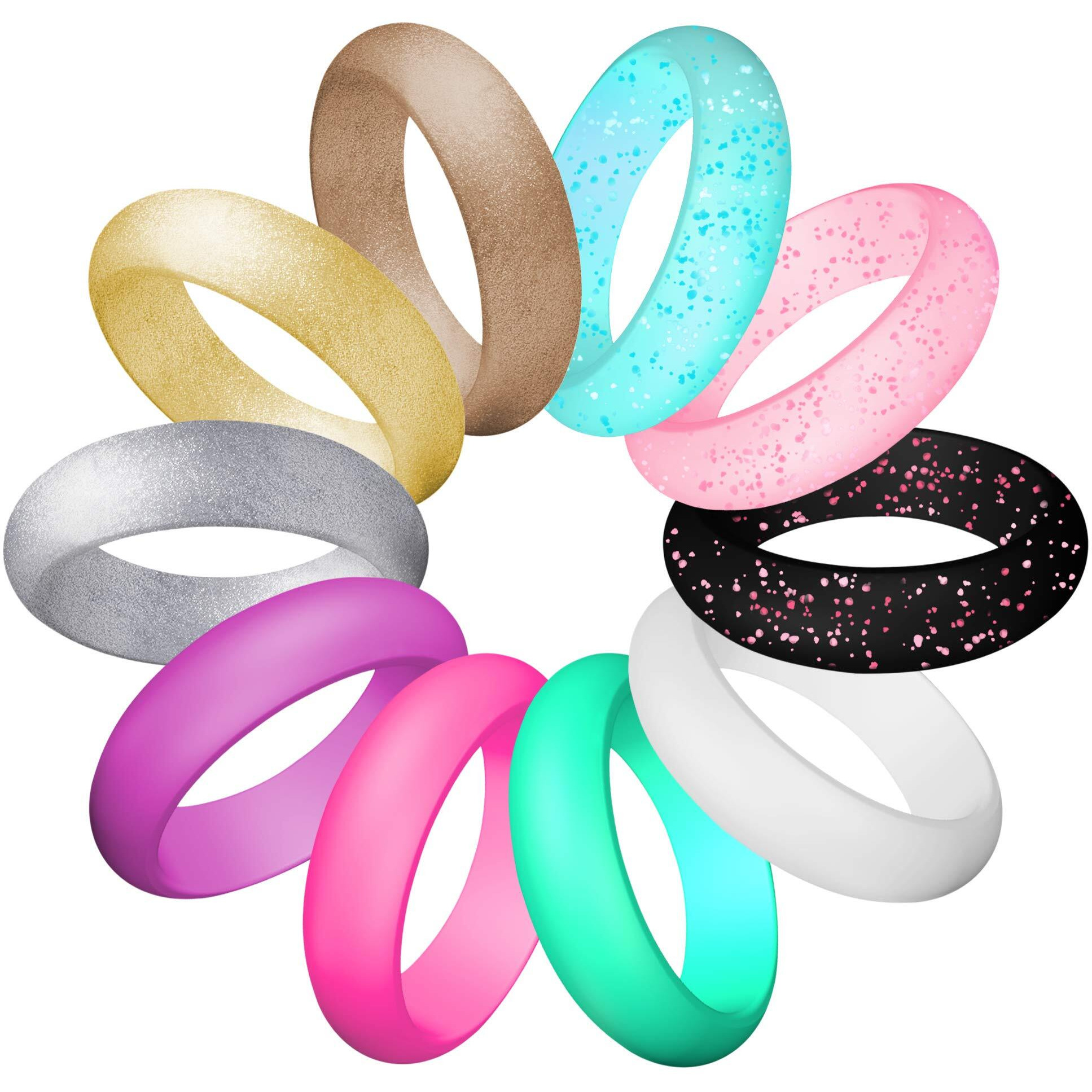 Luniqi Silicone Wedding Ring For Women  Thin And Stackable Durable Rubber Safe Band For Love  Couple  Souvenir And Outdoor Active Exercise Style-10 Rings Pack